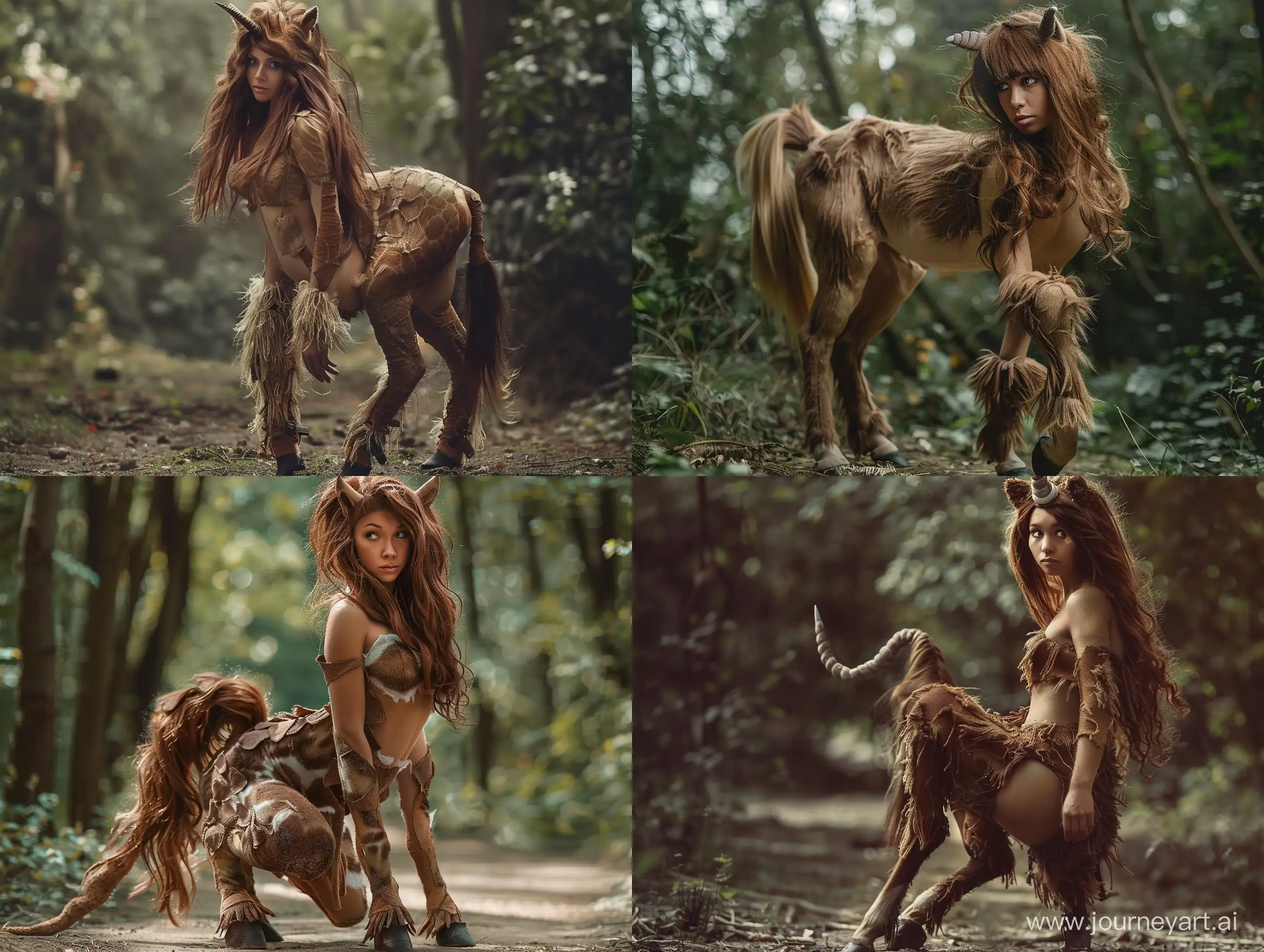 A female centaur. She has loose brown hair. She has hooves, fur, a tail. She is standing on all fours in a forest. Realistic photograph, full body picture