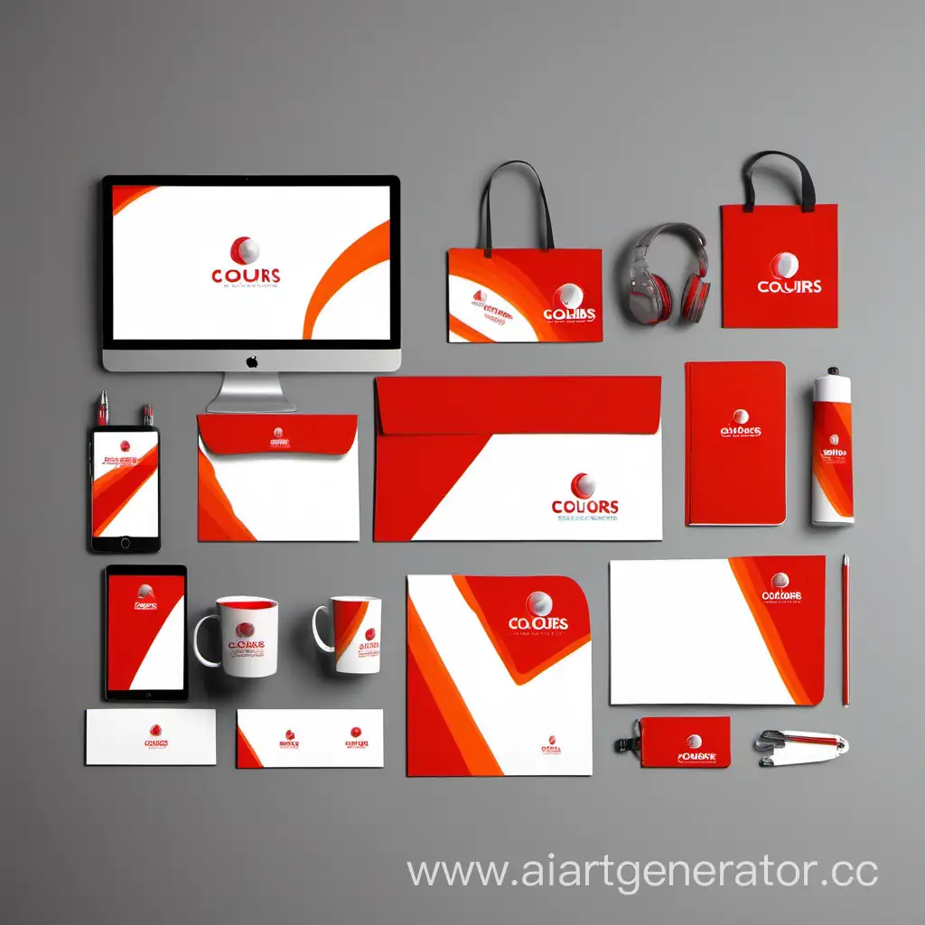 corporate style of merch and stationery of TV production company, colours red, orange, grey, white