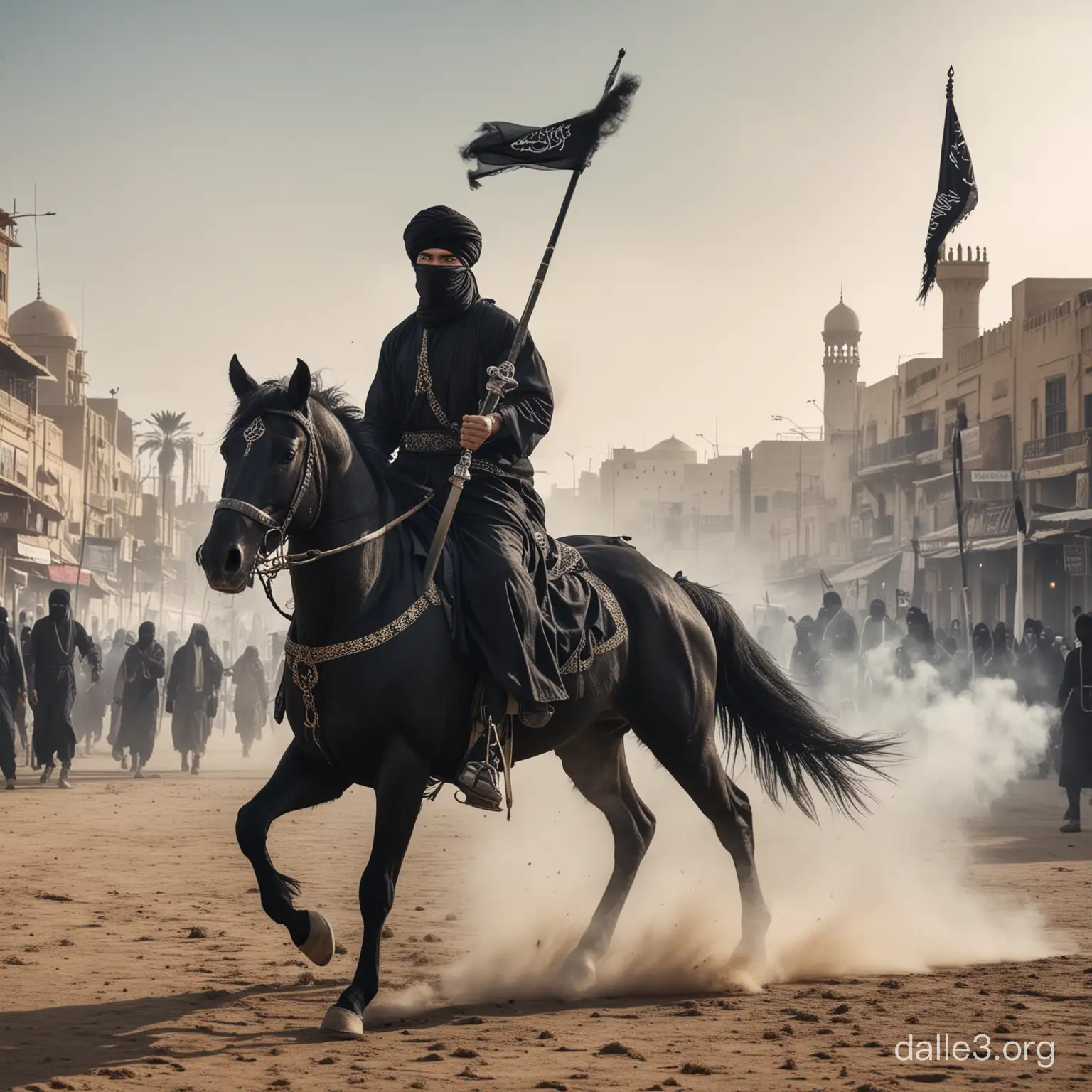 handsome man with black turban, Indonesian Muslim, wearing a long black robe, next to him is a black flag with Arabic writing, holding a sword, riding a black horse, emitting thick white smoke, ready to gallop to fight, facing forward in the city of Medina, the background of the residents and surrounding areas of Egyptian soldiers is very busy. Solid realistic photos, professional photography, high quality, detailed