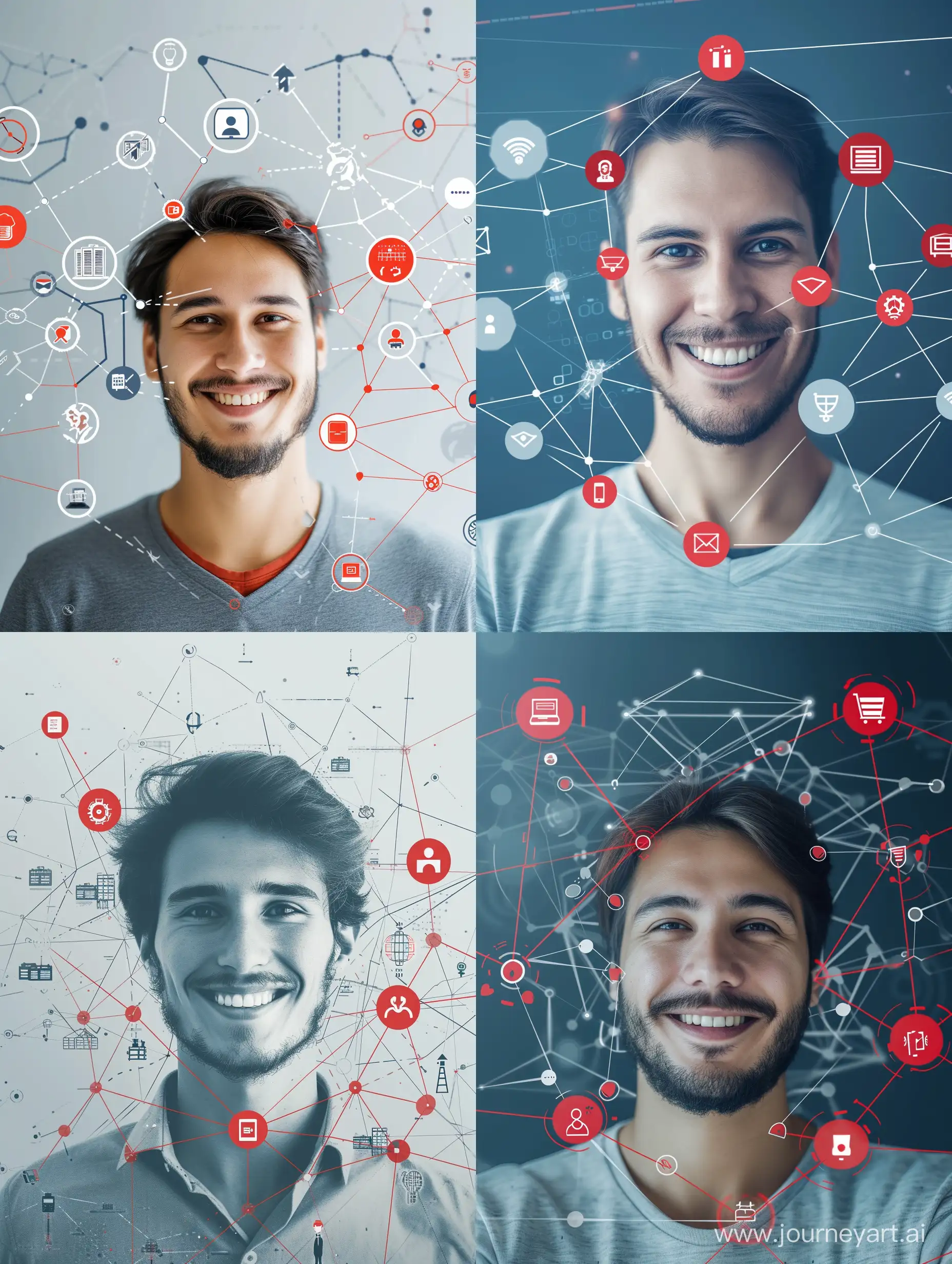 lächelnder Mann über Linien mit Icons verbunden (wie z.B. Programmieren, Digitaldruck, Produktion, Konzeption & Design), hellgrau, rot und dunkelblaue Farben