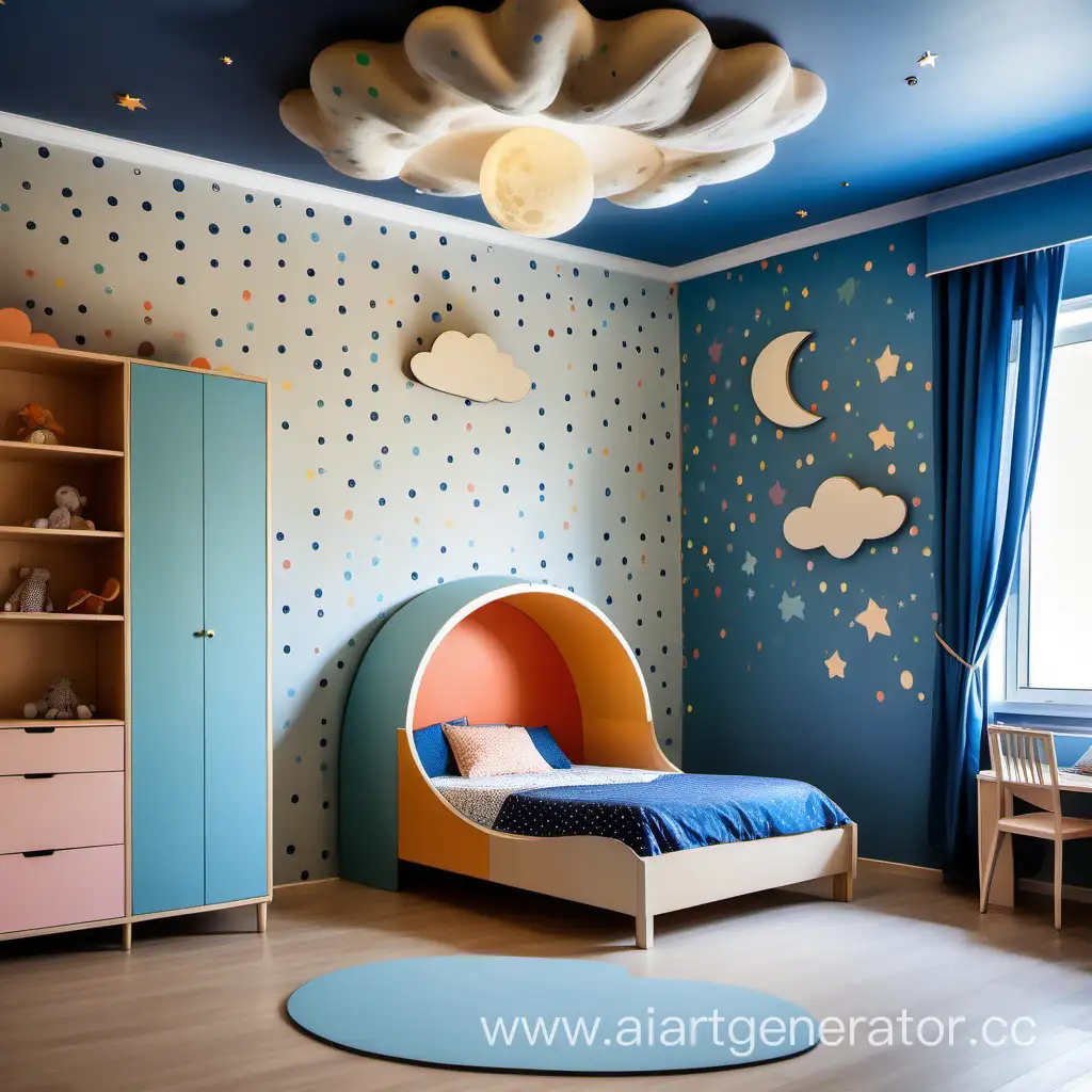 В детской комнате обои бежевые с пятнами разноцветными, пол светлый.  Кровать в виде облака. Голубой стол с компьютером у окна. Люстра в виде луны со звездами. Шкаф с игрушками и одеждой в цвете дерева.