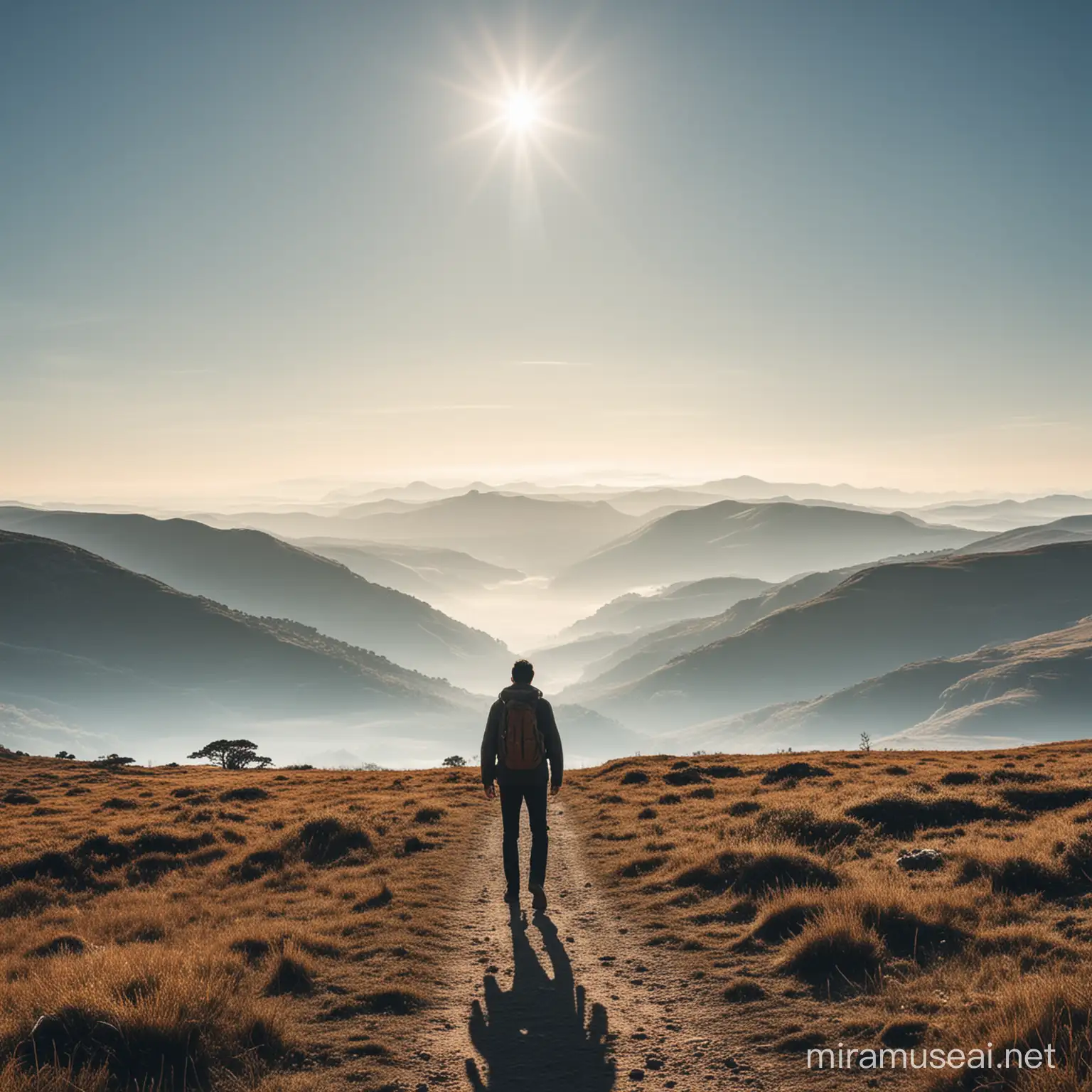 Man in Vast Open Landscape under Clear Sky