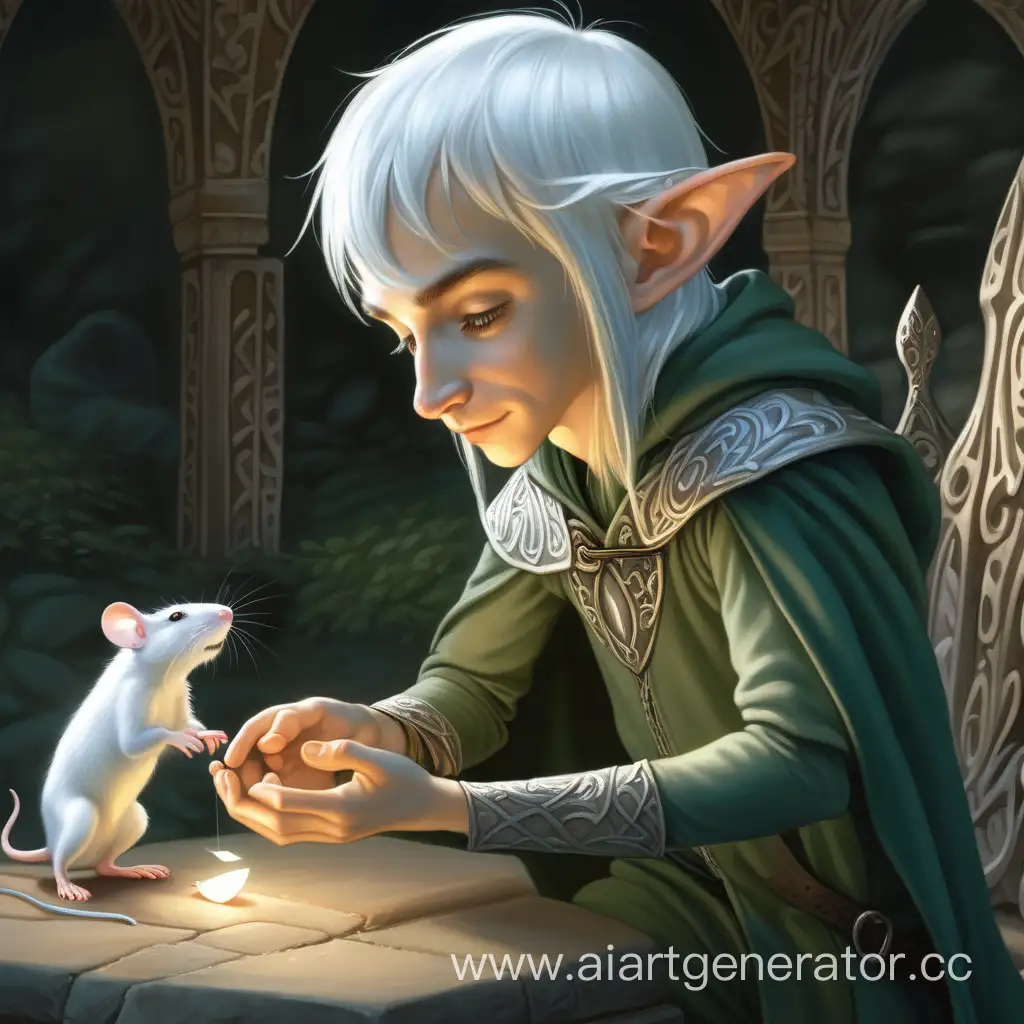 Молодой эльф вор гладит маленькую белую мышь