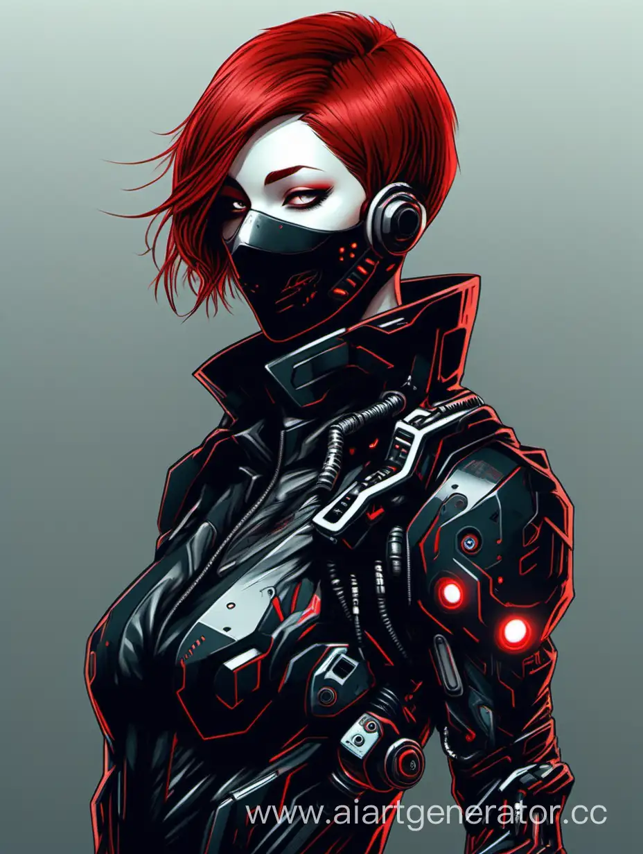 A cyborg girl with short red hair, a mask and black clothes. Cyberpunk style
