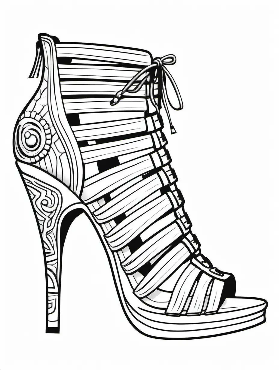 gladiator heels for coloring book, cartoon style, black and white, thick black lines, show margins 