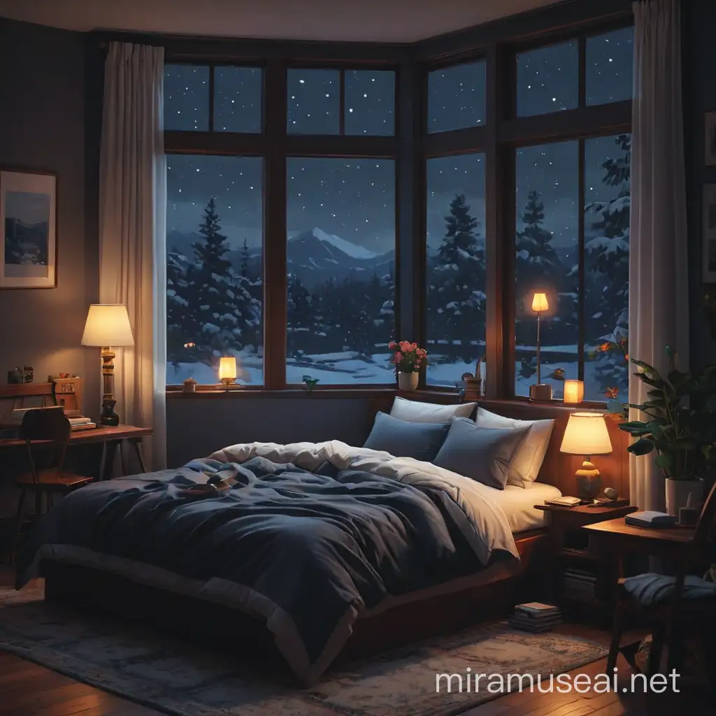 Pixel art, aivision,a Warm room, bed next to the window, dark night outside ,beautiful reassuring lighting, winter