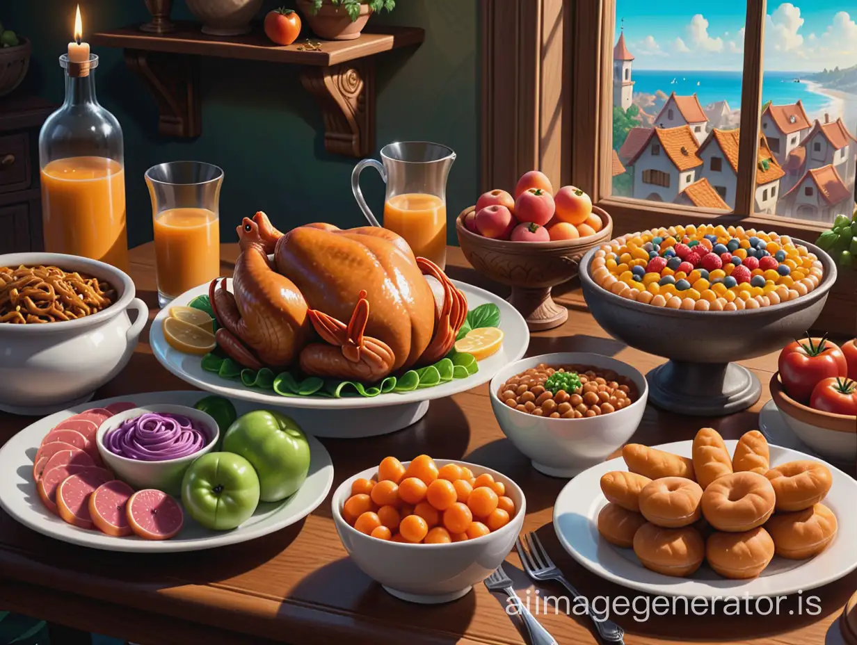close-up view a close up of a table with a bunch of food on it, by Todd Lockwood, highly detailed scene, detailed game art illustration, by Meredith Dillman, todd schorr highly detailed, detailed game art, find the hidden object, overdetailed art, by Randy Gallegos, detailed scene, by Rob Alexander, illustrative art, mysterious highly detailed realistic 2d , game background, architecture, 2d art, game illustration