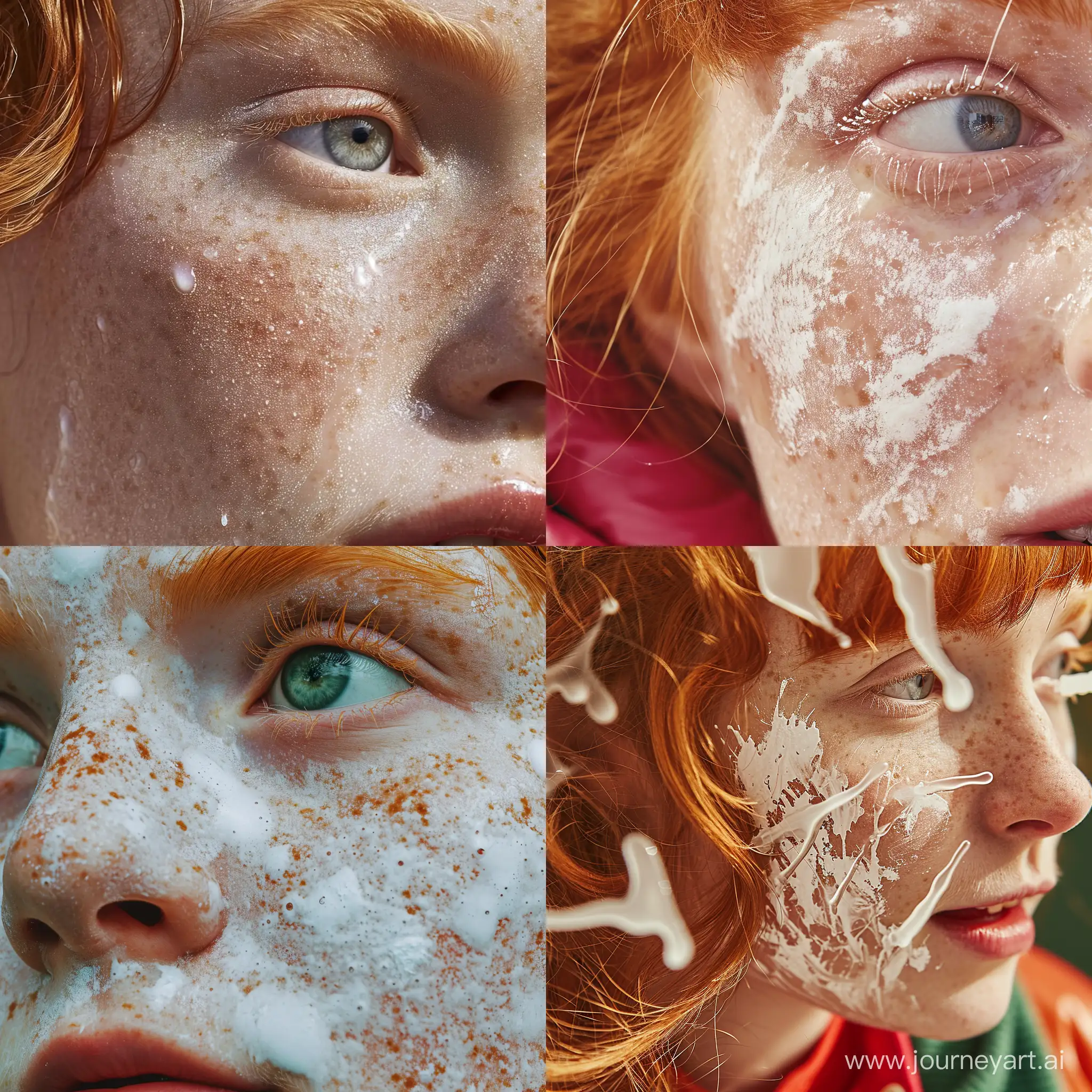 closeup of a ginger girl with transparent liquid white paint all over her face --v 6 --style raw --stylize 0