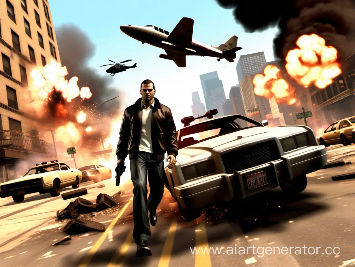 игра гта 4 персонаж на фоне взрыва и летающих машин
