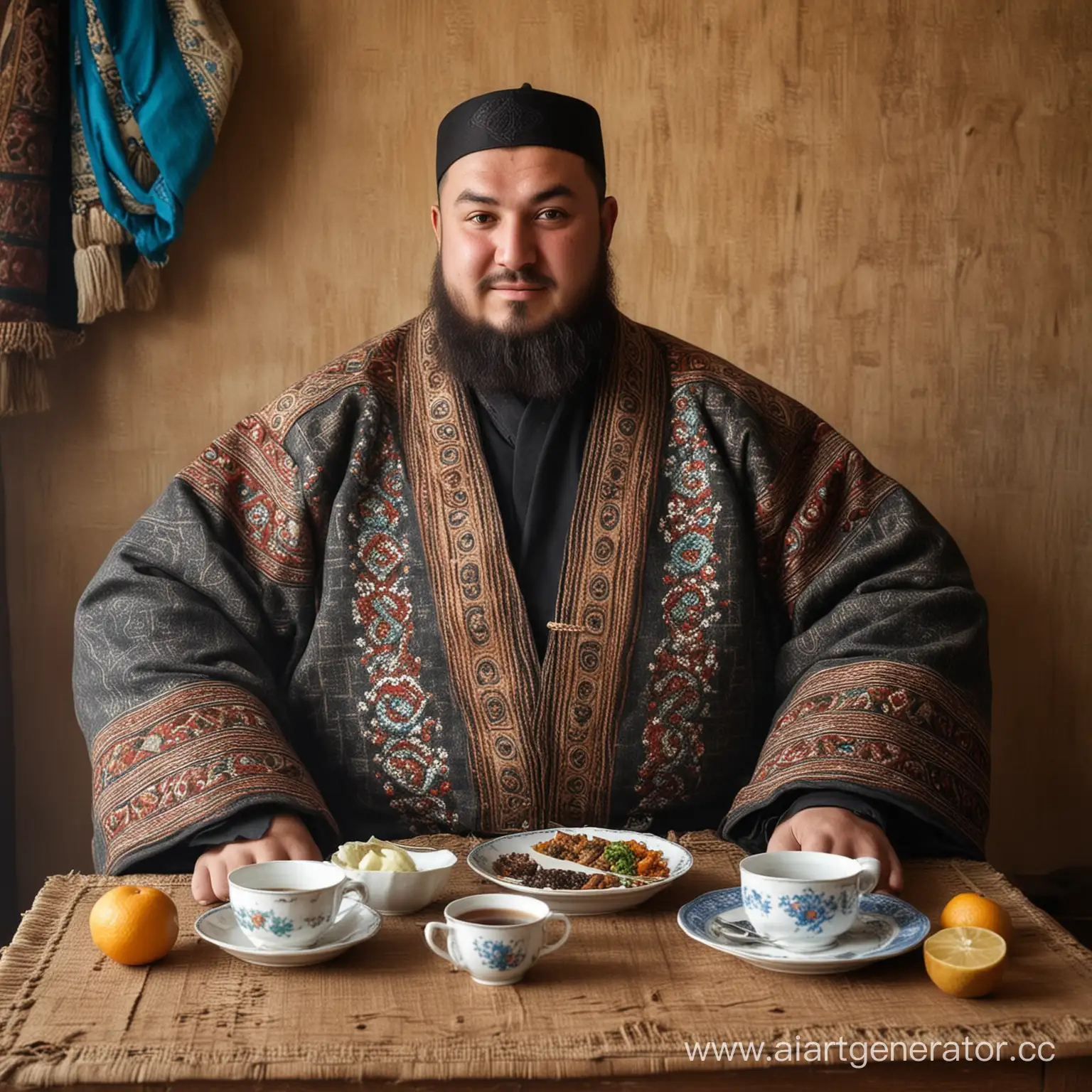 Uzbek-Man-Enjoying-Khinkalis-in-Traditional-Tea-House