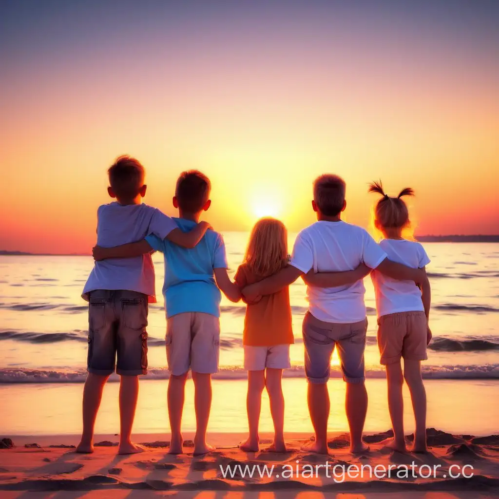 happy family 2 girls and 3 boys watching beautiful sunset