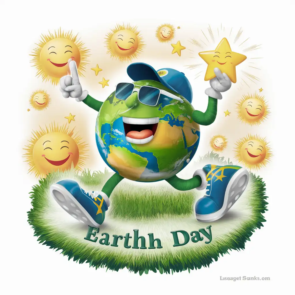 A vibrant and animated depiction of Earth, characterized by green legs, a blue cap, and sunglasses. Earth is draped in a green and blue attire, and it's striking a dynamic pose with one hand pointing upwards and the other holding a yellow star. Surrounding Earth are yellow stars and a smiling sun. At the bottom of the image, there's a textual element that reads 'HAPPY EARTH DAY'. The entire composition is set against a white background.