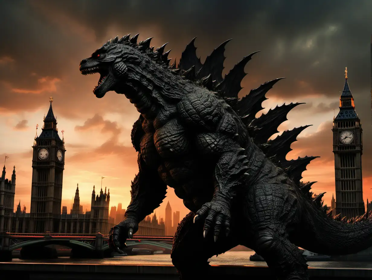 Godzilla on the London Bridge at sunset in style of realism by frank frazetta and annie leibovitz, emotive and moody and muted, dark background