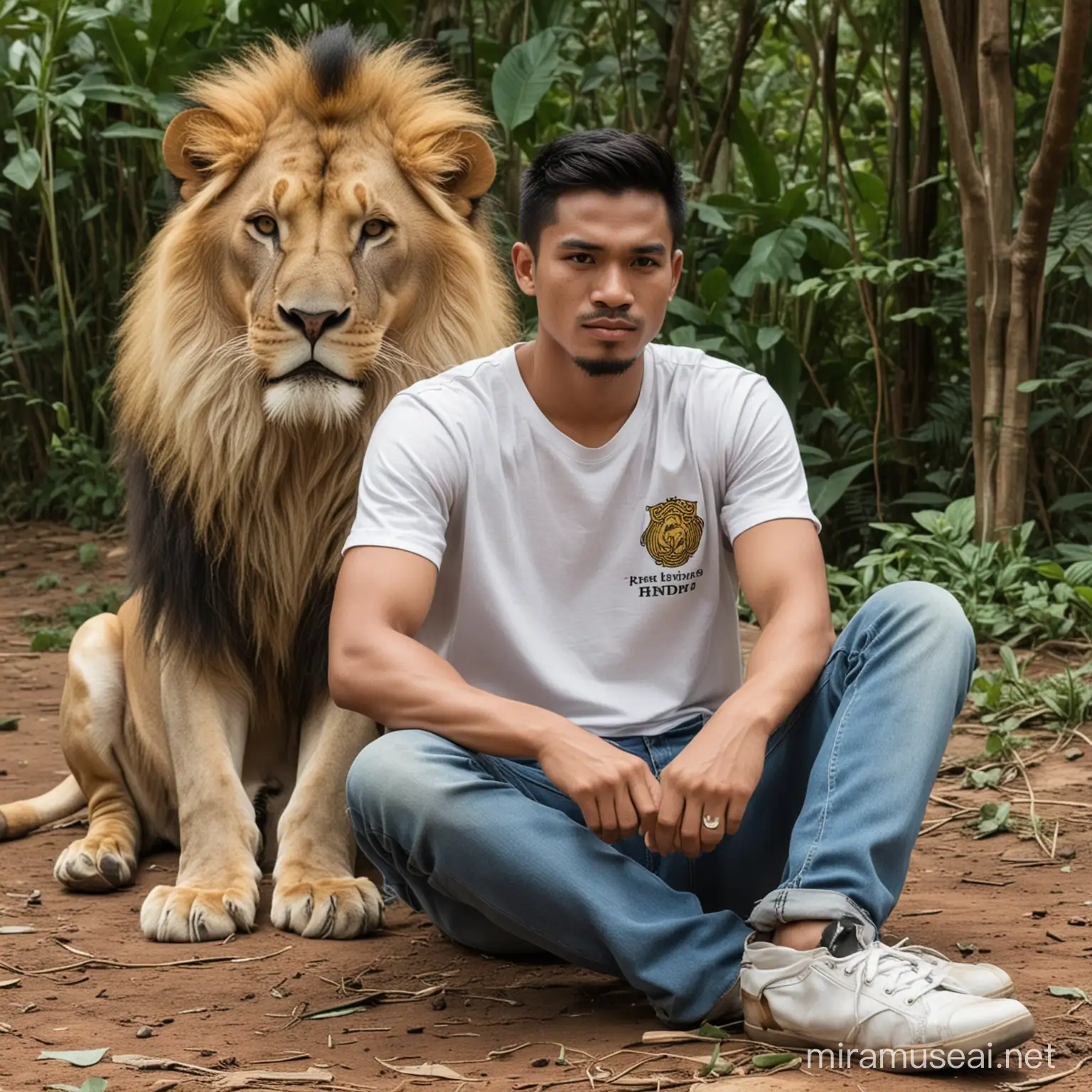Indonesian Man Bonding with Lion in Jungle Setting
