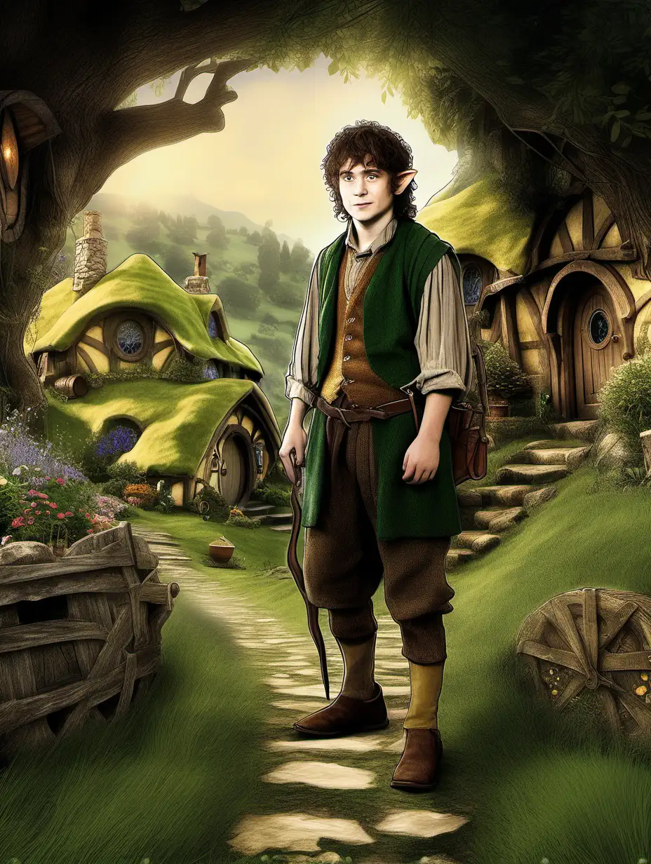 An image of a  21 year old  hobbit in the shire, In a detailed fantasy style 