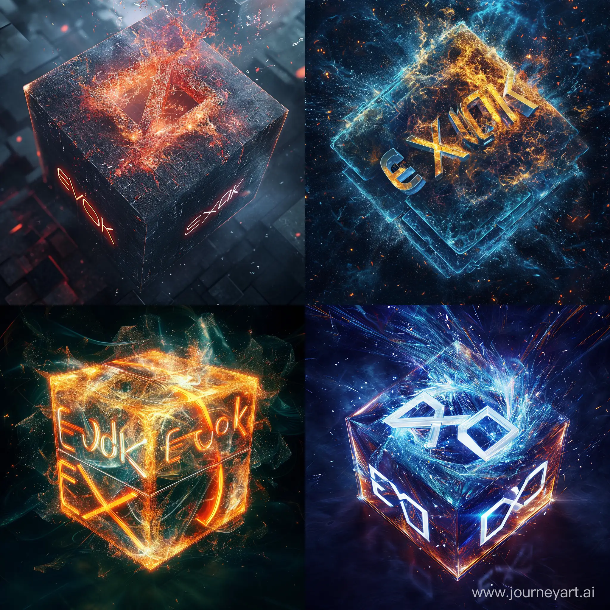 As the cube's core collapses in on itself, the letters "Evok" and "eXura" seem to come alive, swirling and shifting in a mesmerizing display of light and color.