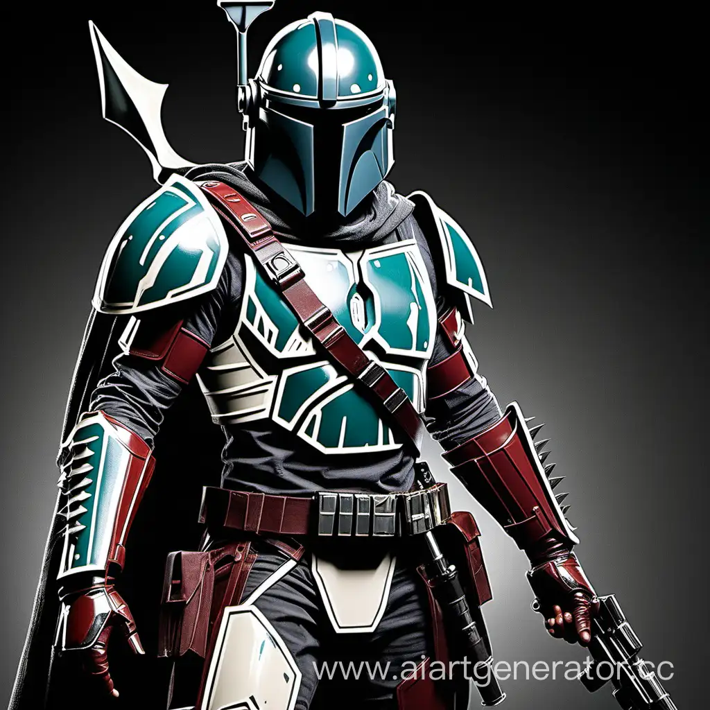 Name: Kreeg Mandalorian Clan: Clawrend Helmet Color: Turquoise Helmet Shape: Horned and angular, with a visor that splits down the middle, resembling a fierce predator's snarl Armor: Sleek, jet black armor with intricate silver etchings depicting scenes of battle and triumphs Clothes: Deep crimson robes with golden accents, flowing and billowing as he moves Weapons: A custom-built blaster rifle with serrated edges and a retractable energy blade, and a pair of wrist-mounted energy gauntlets that shoot out electrified netting Shoes: Heavy-duty boots with retractable spikes for traversing difficult terrain  Kreeg is known as a fierce and formidable Mandalorian, with a reputation for being cunning and ruthless in battle. His unique helmet and armor set him apart from others in his clan, and his unorthodox choice of weapons and unconventional fighting style make him a force to be reckoned with. He is a solitary figure, often seen stalking the shadows of the galaxy, hunting down his targets with relentless determination.