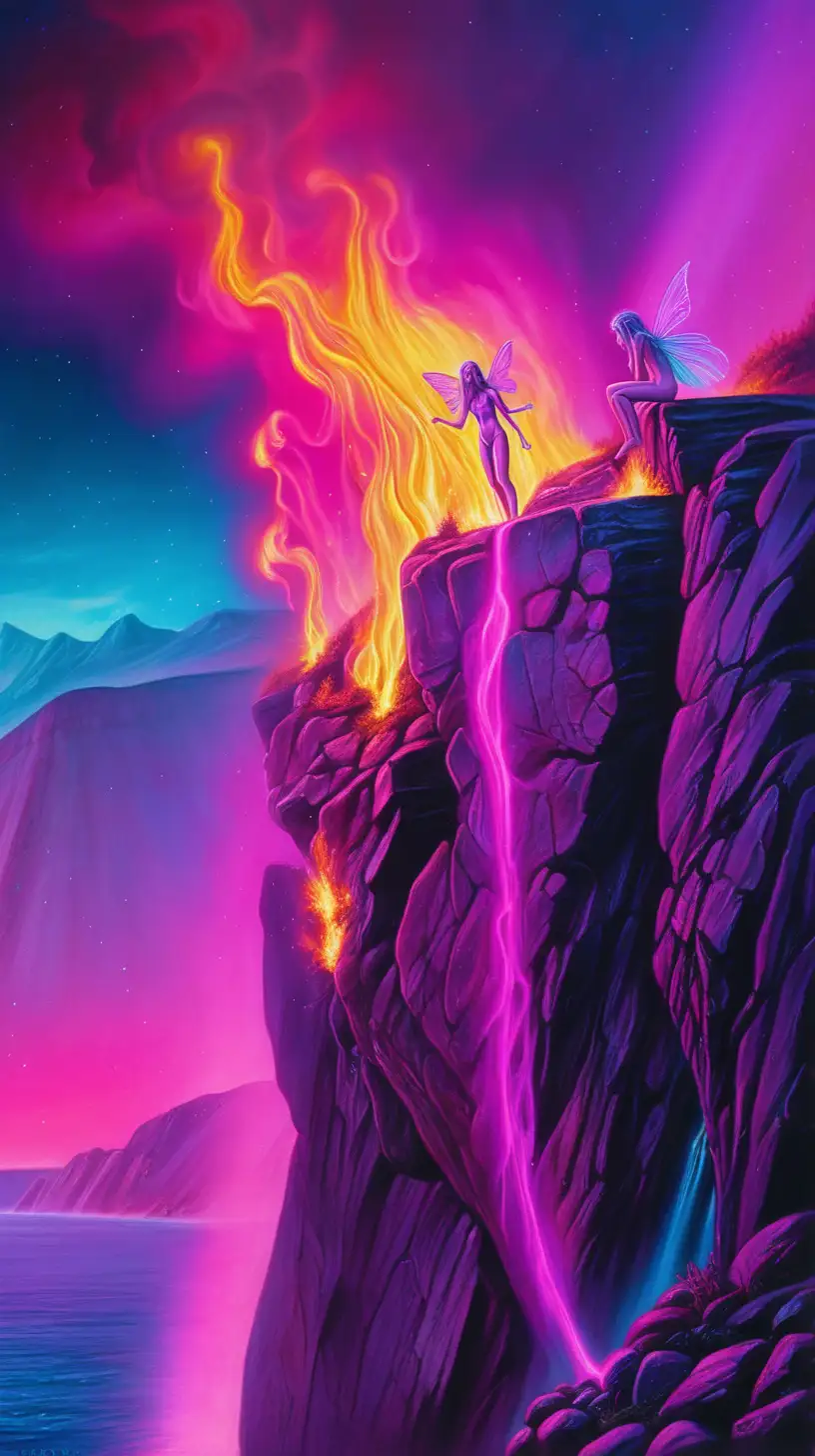 synthwave art, essence, dramatic color, UV, hyper realistic, fairies, aliens, close up, falling off a cliff, fire, sad, busy
