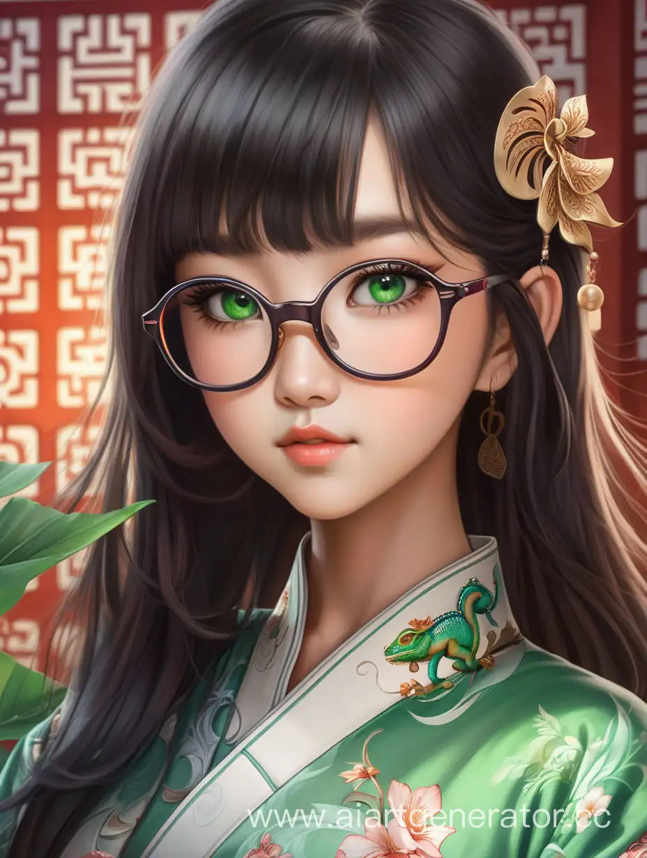 Еë ник Mirxy, натсоящее имя Милана, волосы до попы, зелёный глаза хамелеоны, очки для зрения, азиатская внешность, красивая фигура, одежда в китайском стиле,обладает силой магии