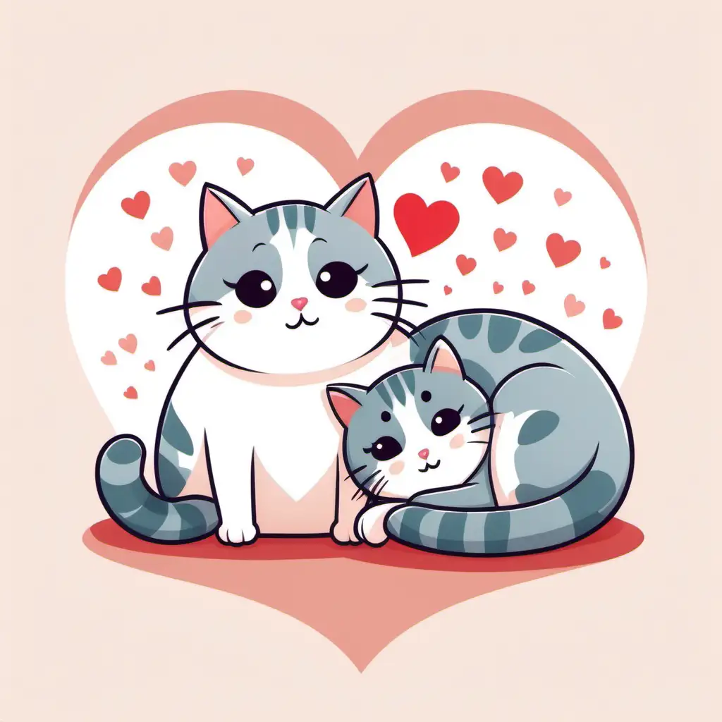 create an illustration of two cartoon cats. One cat is laying on the floor curled up and the other cat is sitting up, there is a heart between the two of them