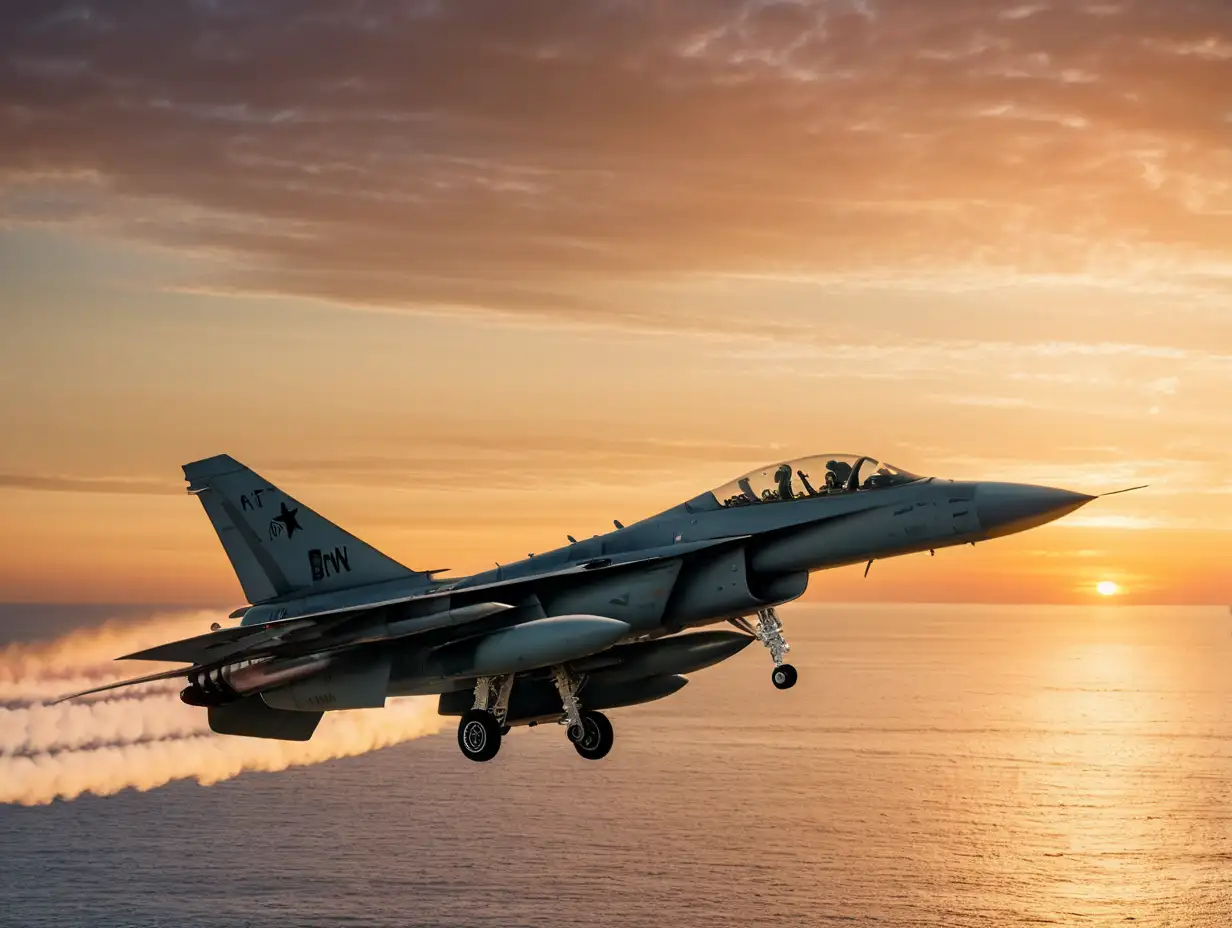 milletary fighting jet flys across the ocean 
sunset in the backround