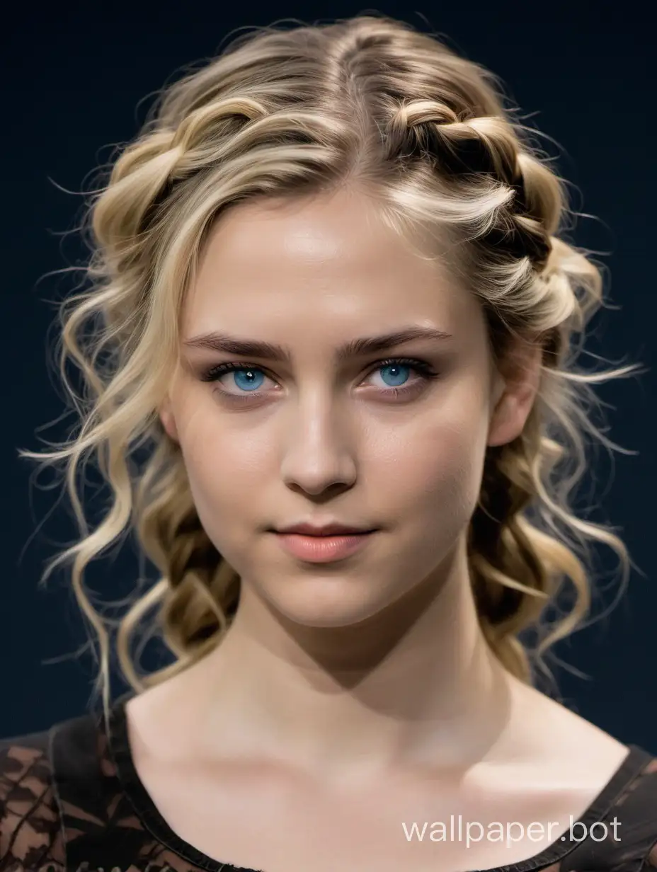 An image of a young woman with fair skin and a delicate braid over one shoulder, featuring blonde highlights on a darker base. Her hair has a natural wave, with grown-out roots visible. She has symmetrical facial features with well-defined eyebrows, large blue eyes accented with mascara, and light makeup. She is wearing a round-neck black top under an open denim shirt with a visible seam and button. The lighting is soft and even, casting a gentle glow on her face against a dark background that contrasts with her light hair and fair complexion.