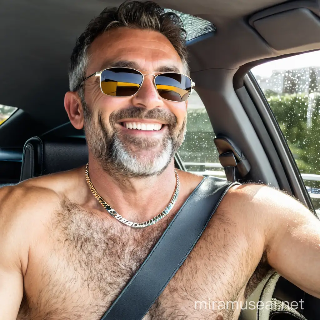 shirtless handsome middle aged male smiling hairy chest necklace jeans boots short hair sunglasses stubble seductive sweaty
