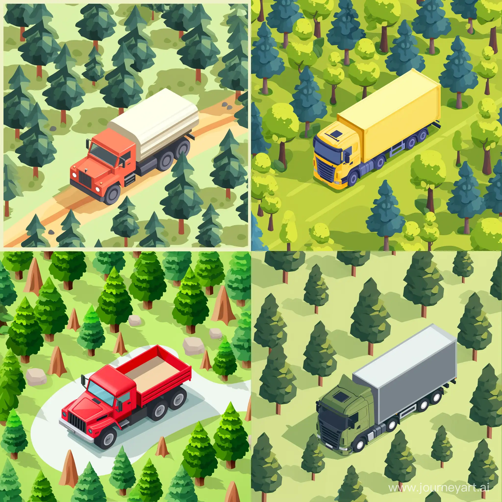 truck in the forest in isometric vector style