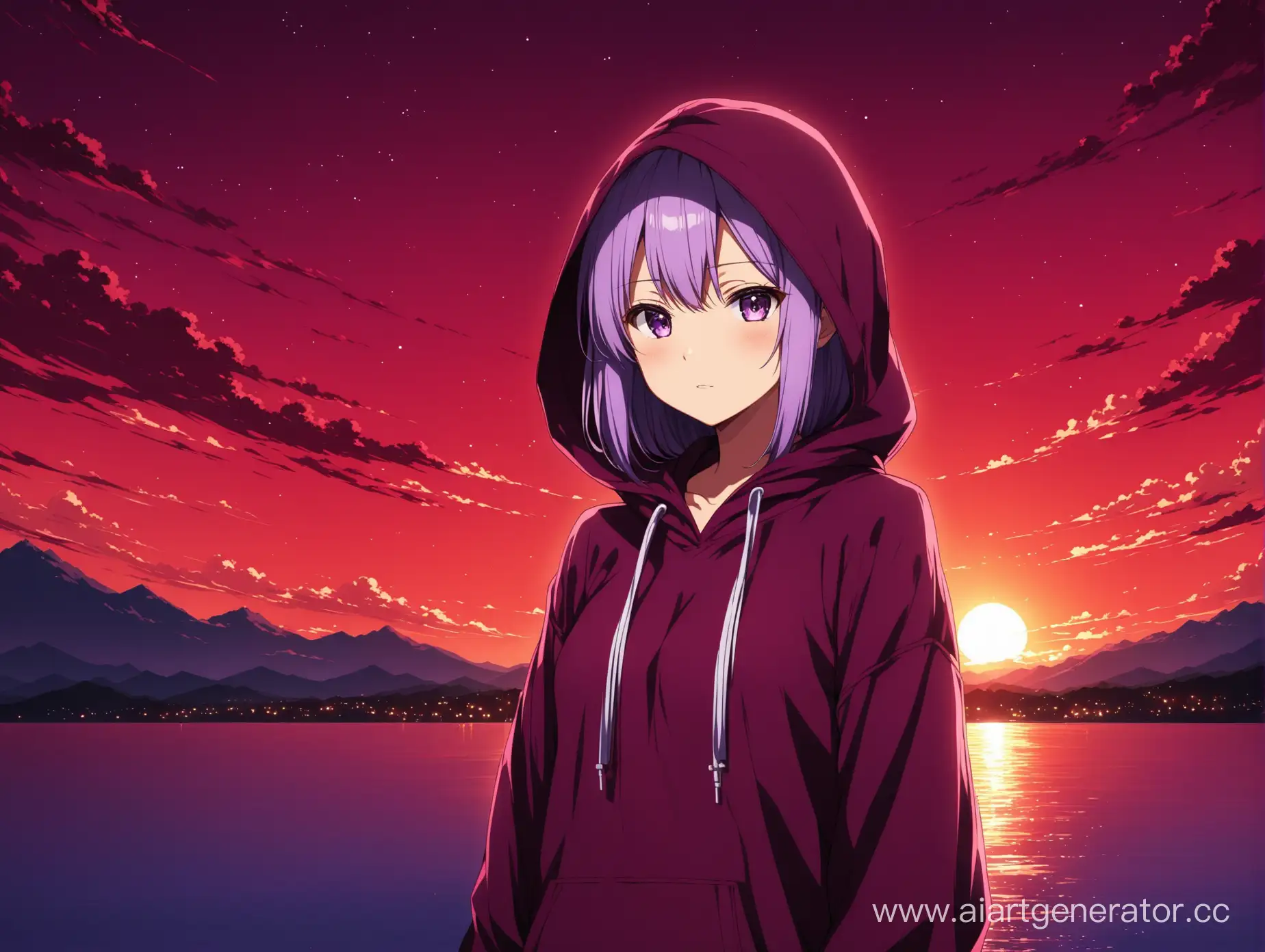 Anime-Girl-in-Purple-Hood-under-Crimson-Sky