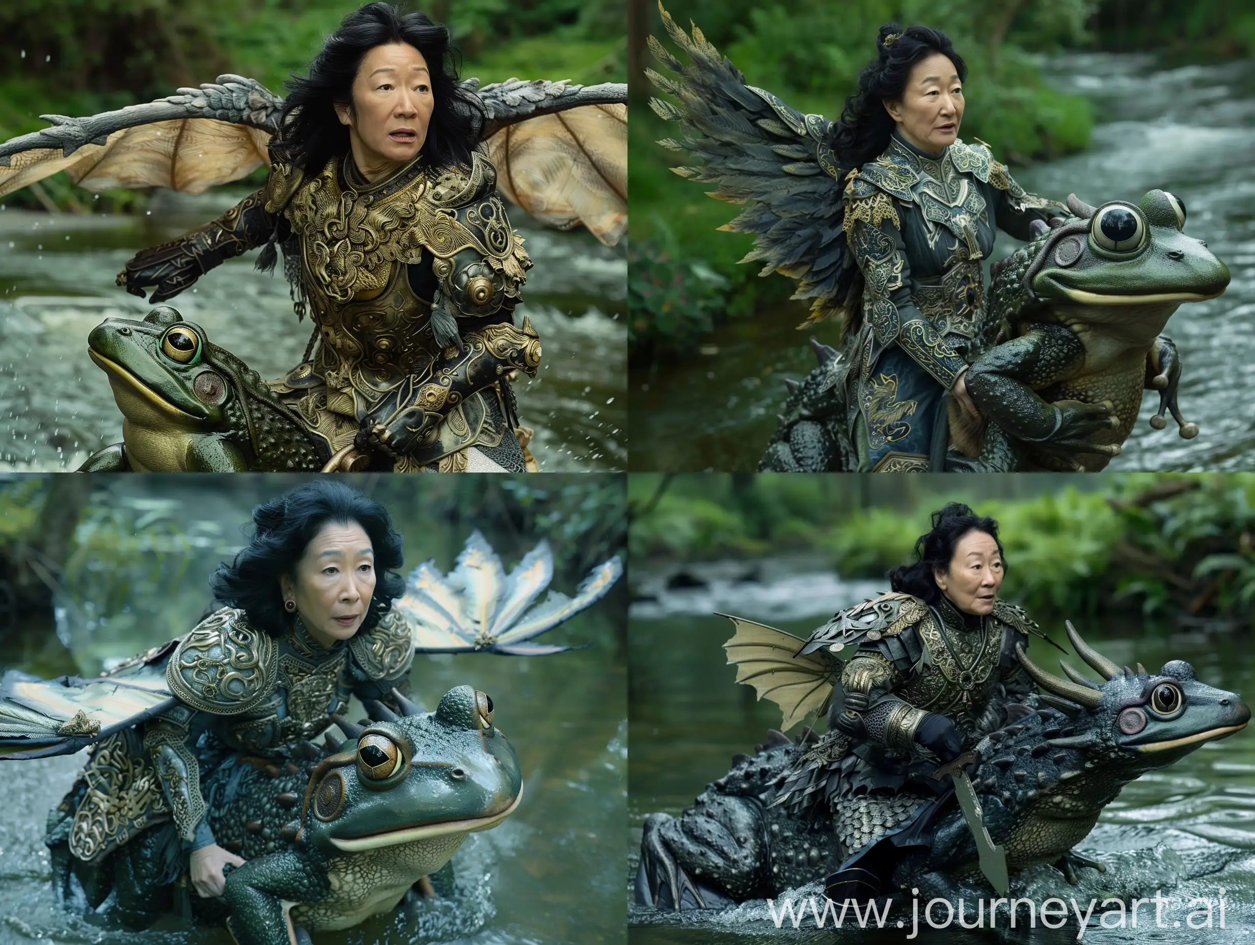 Sandra Oh dressed in ornate battle outfit with black hair is styled in loose wavy manner that frames her face and the waves cascade over her shouldersShe is riding huge winged dragonlike frog knight along river in the forest kid's fantasy movie still motion blur ar niji style raw Image
