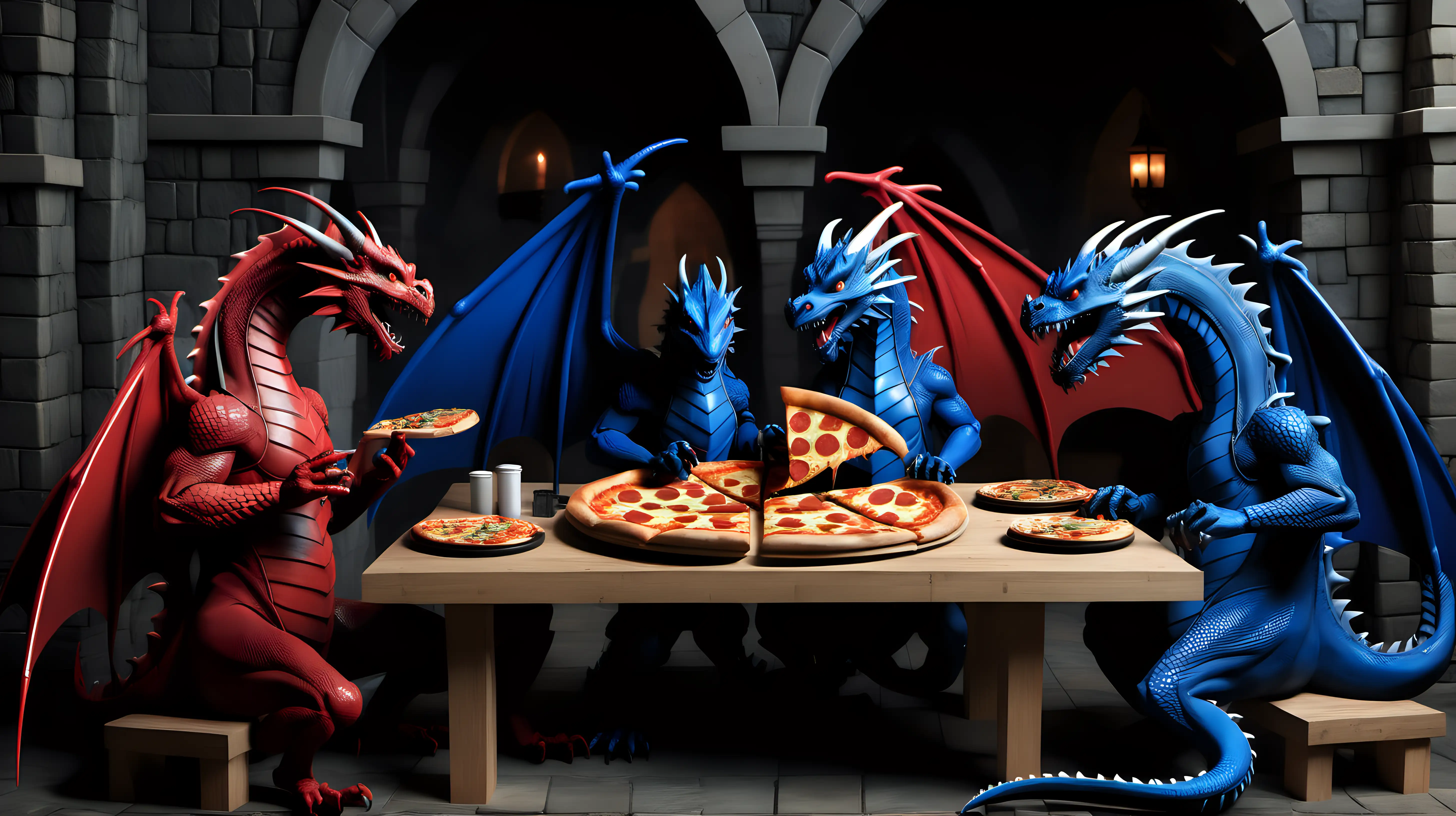 Dragons Feasting on Pizza Inside Castle