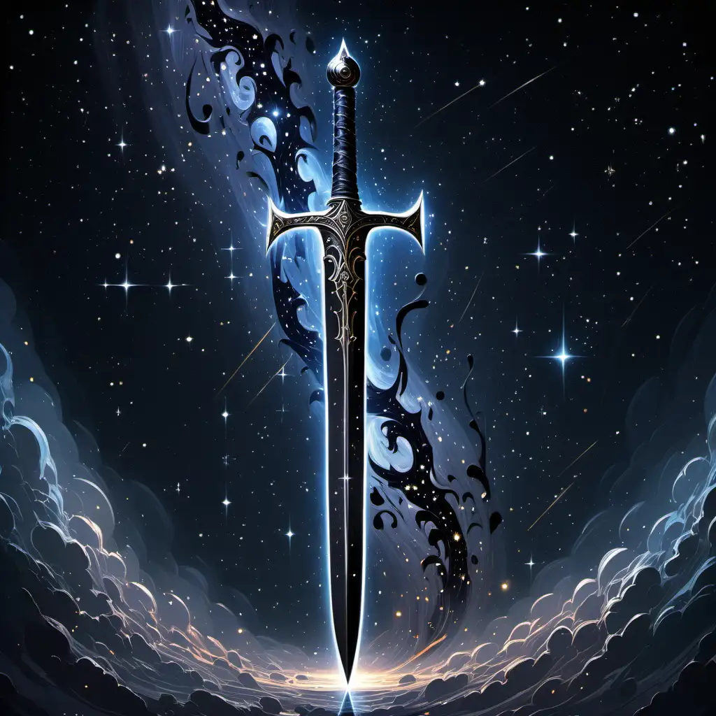 A smooth black sword with a swirling crossguard has the constellations of the night sky moving on the shaft's surface