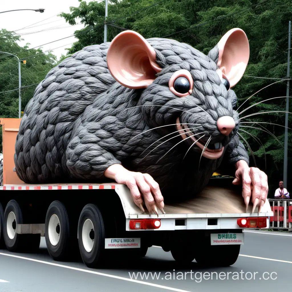 A very BIG rat-shaped truck in the road
