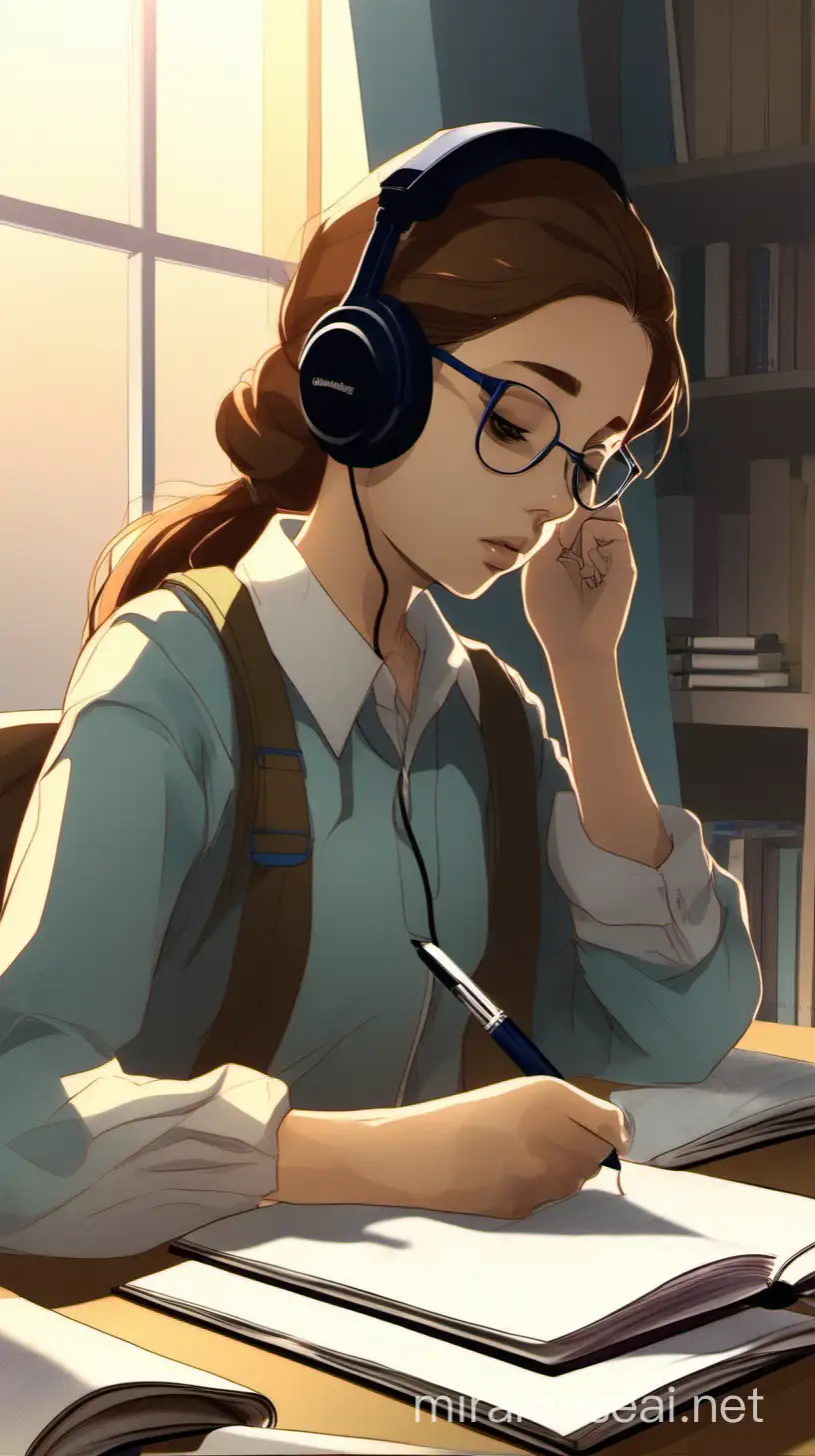 a student endlessly studying, she is listening to something on a headset while writing something on a notepad. There is a book called Cambridge 18 next to her on the table.