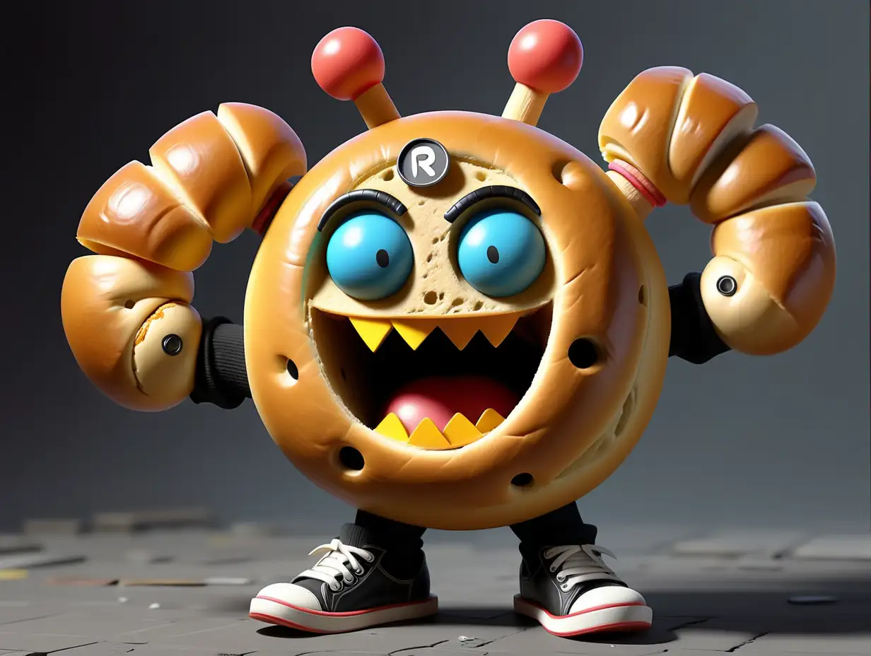 punk rock a round bun Pacman with arms and legs, dressed in rocker clothes a character in the form of a round head with arms and legs made of bread, made of bread, dressed in rocker clothes with inflated arms