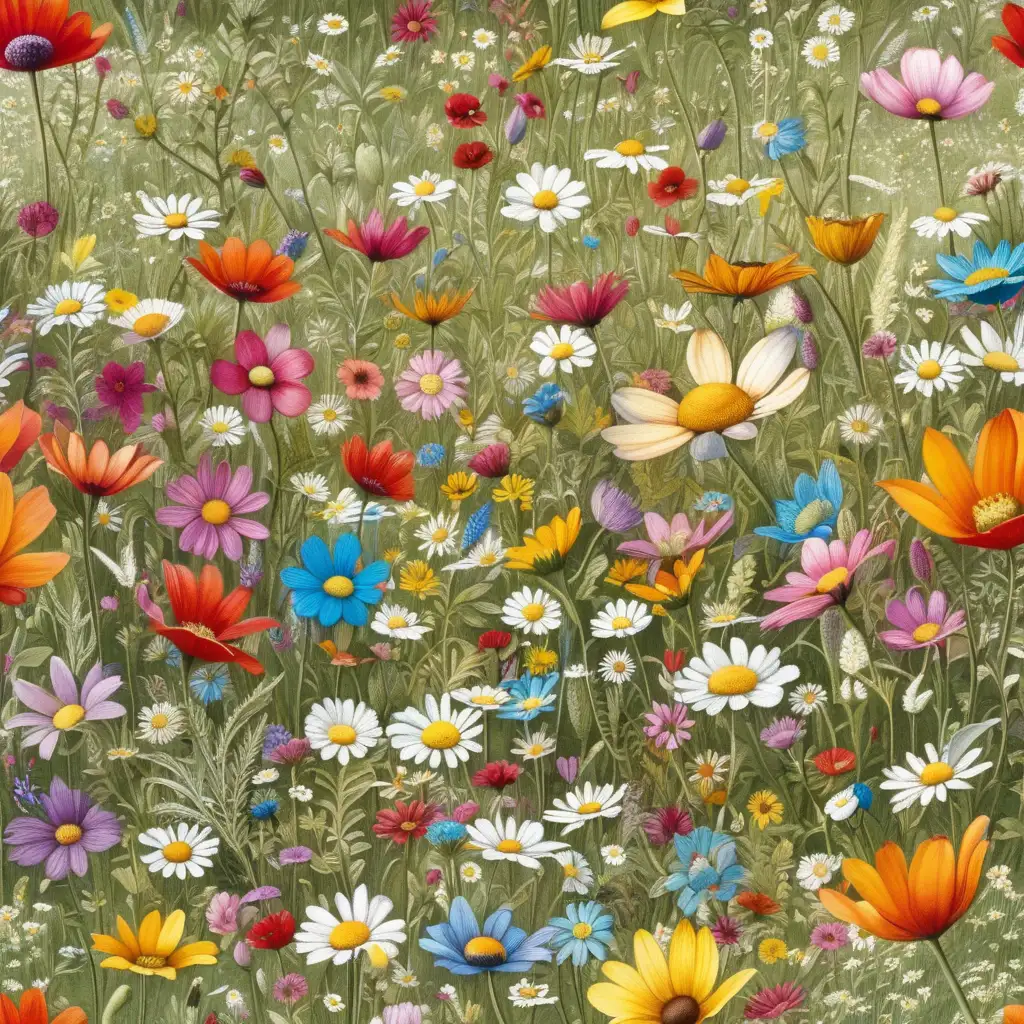 Vibrant Whimsical Flower Meadow in Full Bloom