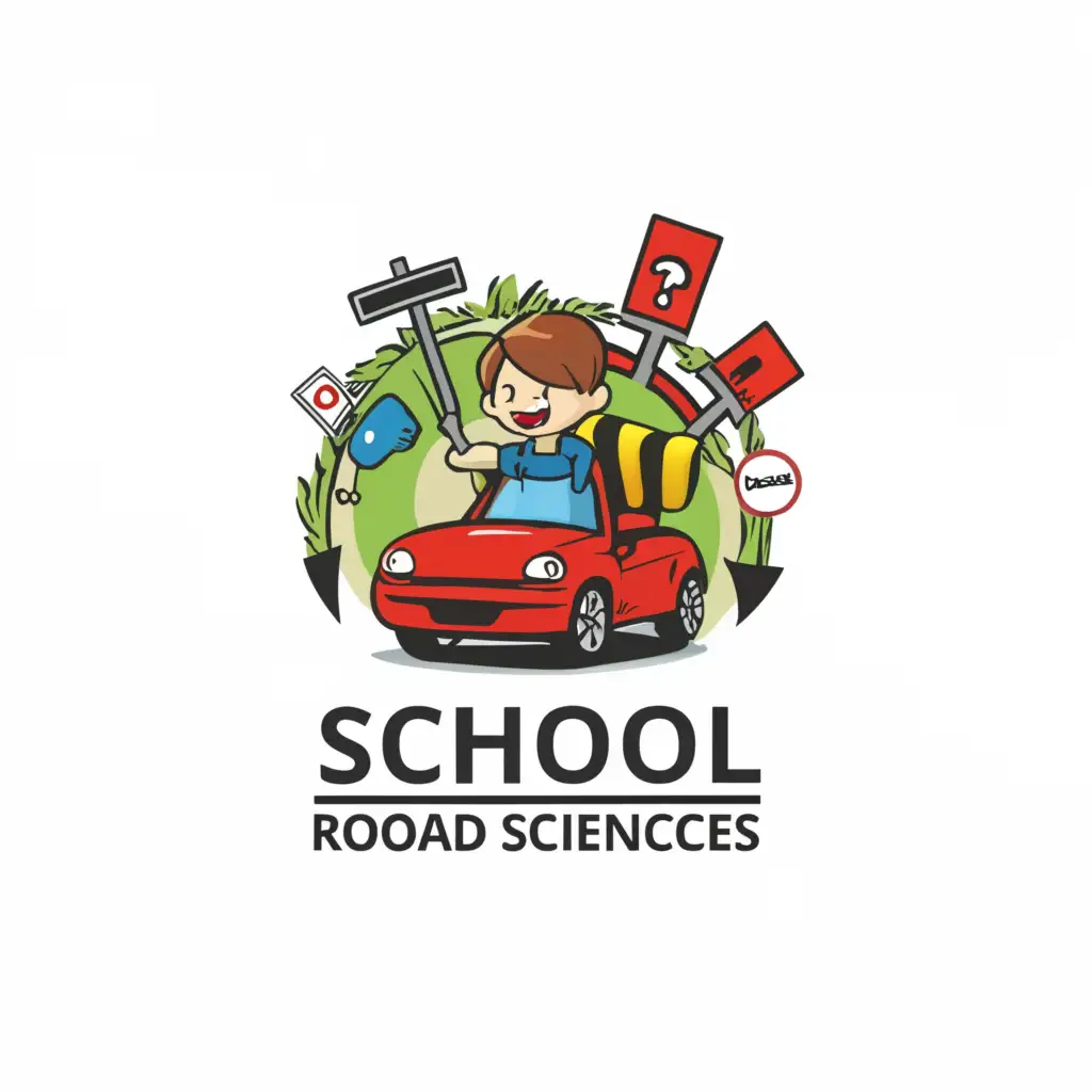 a logo design,with the text "School of Road Sciences", main symbol:Children, car, road signs,Moderate,be used in Education industry,clear background