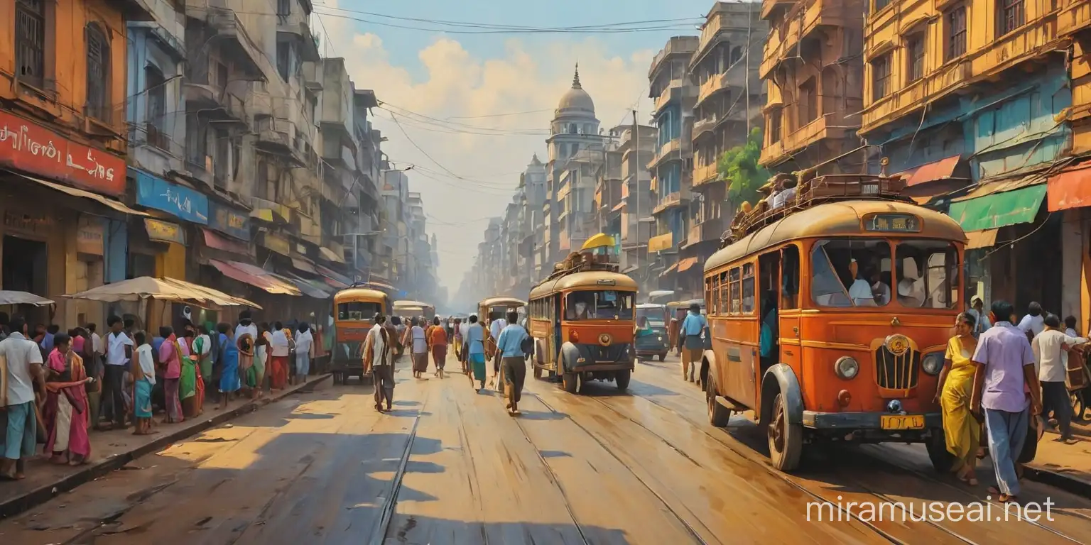 Vibrant Kolkata Street Scene Colorful Oil Painting Style