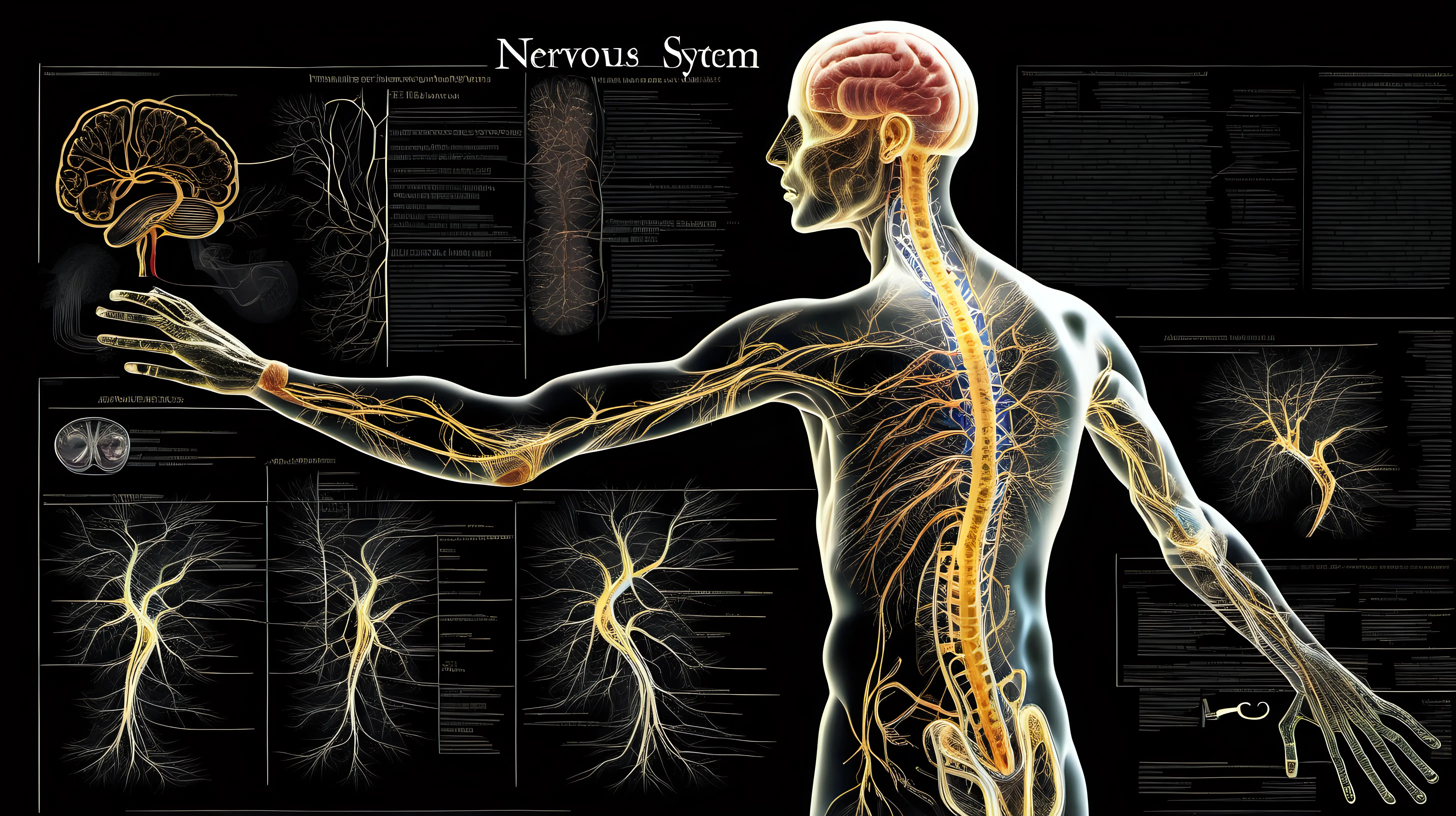 A compelling image showcasing the elegance of the nervous system, with a transparent human body and nerve impulses running from the brain, set against a black background to accentuate the intricate details.
