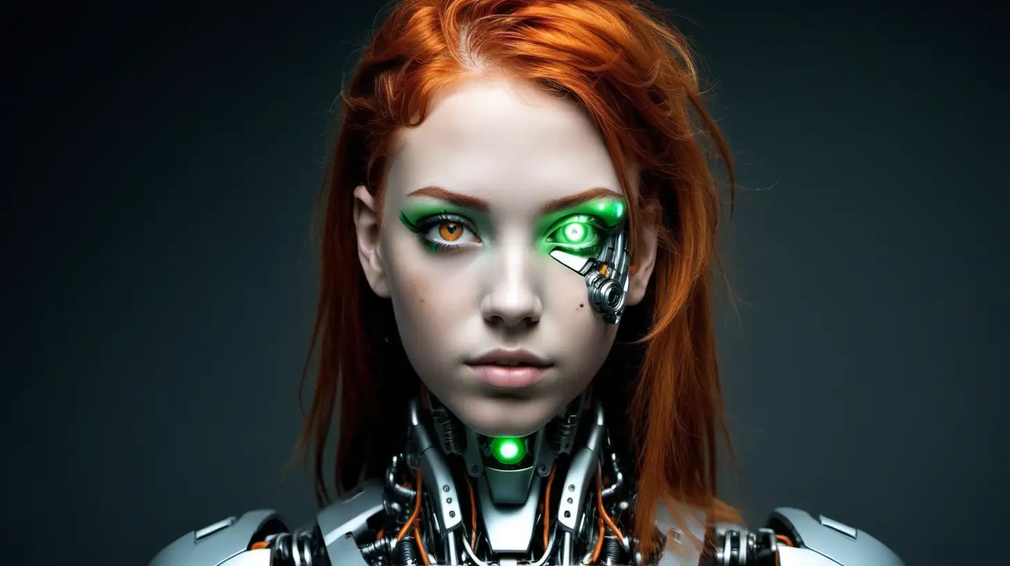 Cyborg woman, 18 years old. She has a cyborg face, but she is extremely beautiful. She has orange hair and green eyes. She is drop-dead gorgeous.