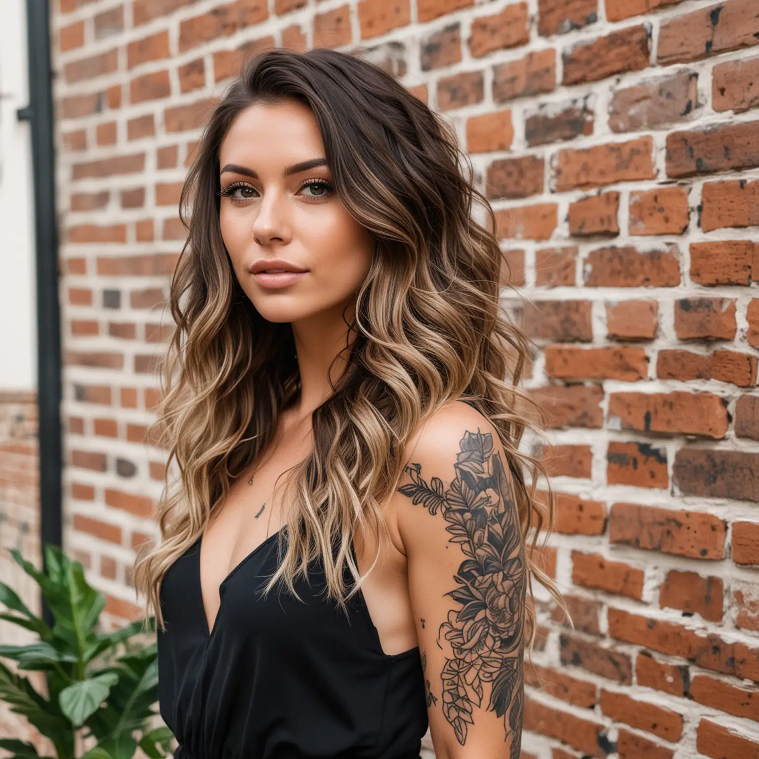 hair model in long wavy balayage hair. wearing black jumpsuit. Background is the inside of white old school brick warehouse with a tropical plant. semi hidden tattoos. Focal point is the hair.