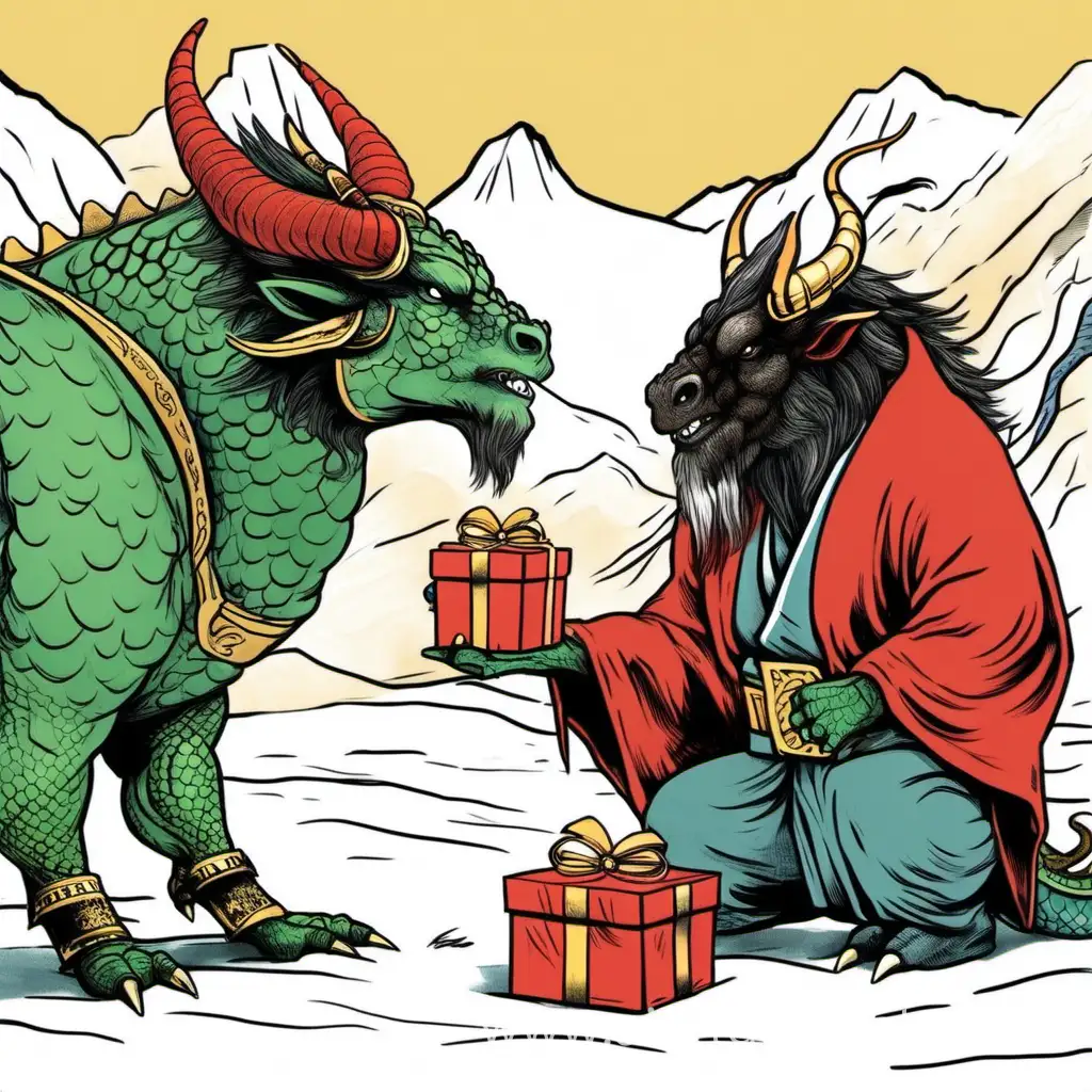 дракон и бизон дарят подарки друг другу