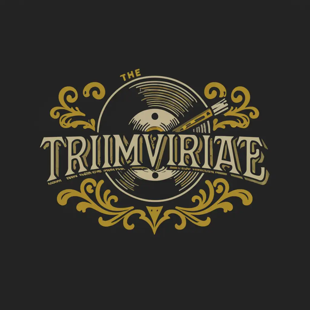 a logo design,with the text 'Triumvirate', main symbol:Vinyl record with musical notes,complex,be used in Events industry,clear background 