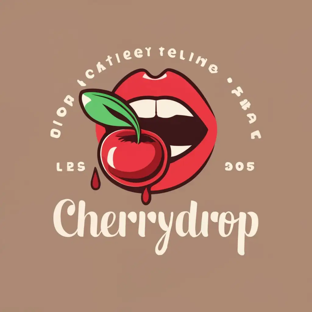 logo, lips eating a cherry while a water drop is to be seen on the cherry , with the text "cherrydrop", typography, be used in Beauty Spa industry