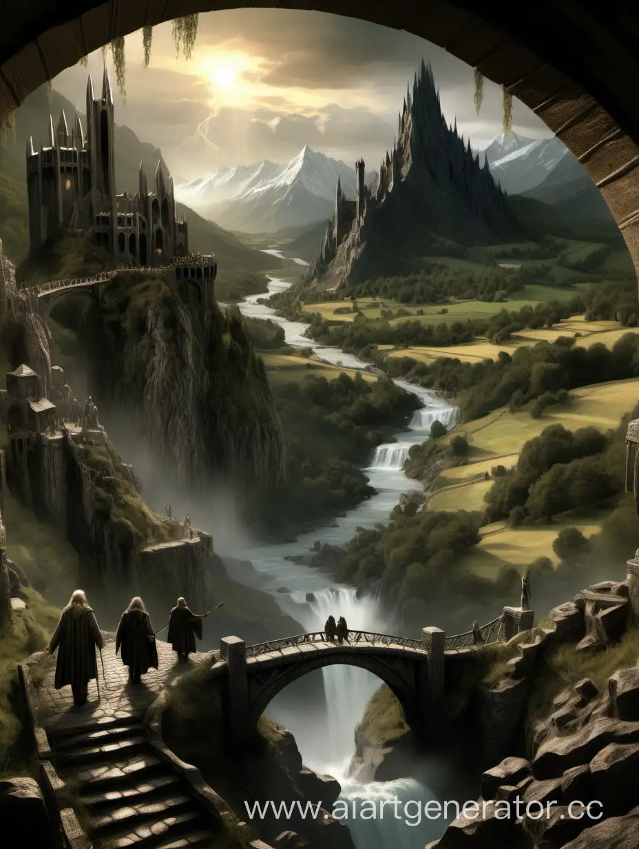 Realistic-Illustration-of-The-Lord-of-the-Rings-Characters-Exploring-a-Detailed-Landscape