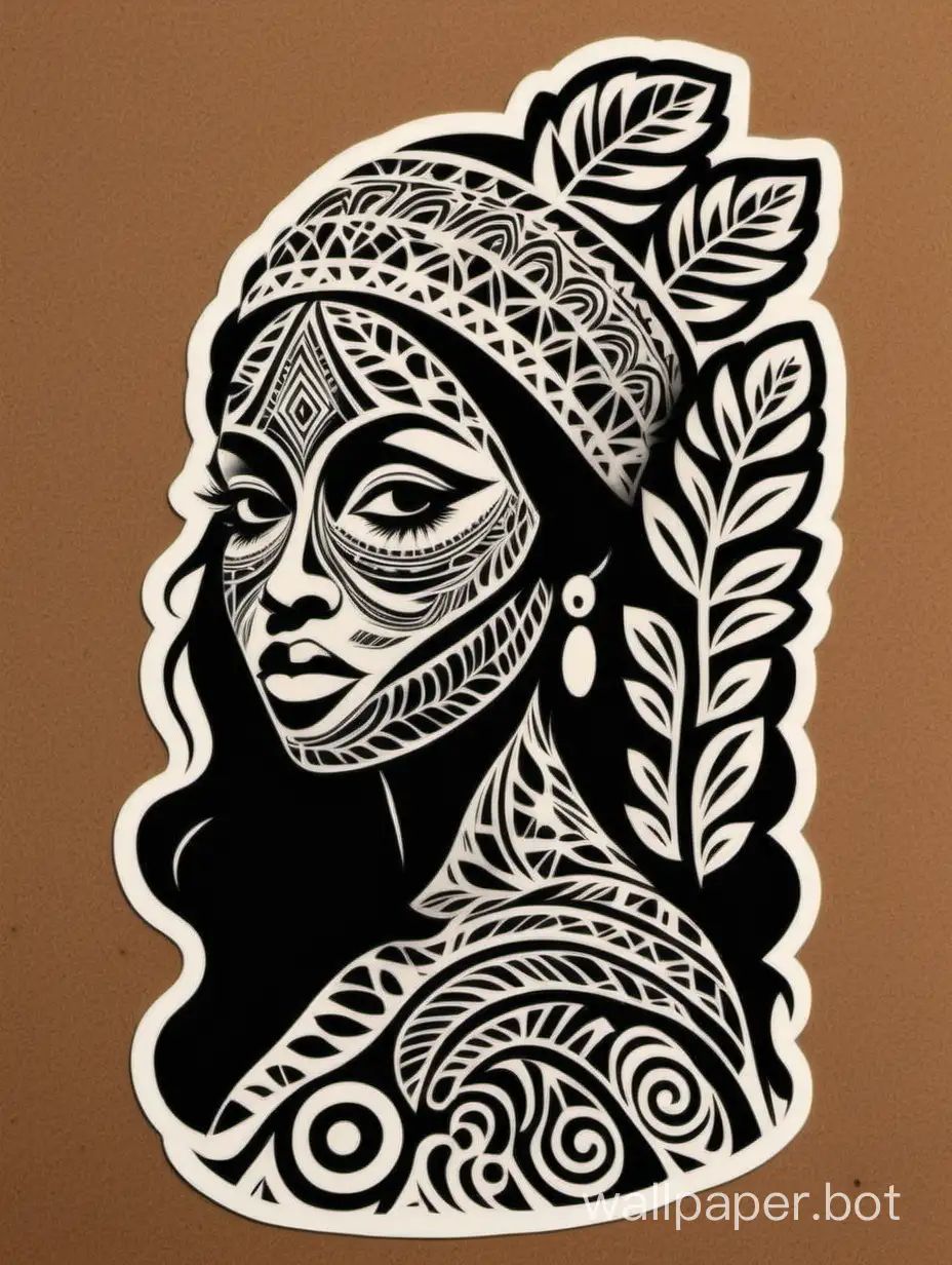 woman silhouete, face, brazilian florest, Marajoara culture pattern, monochromatic, stencil, sticker art
