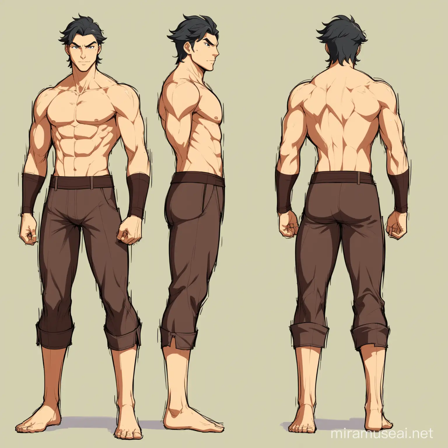 (multiple views full body reference sheet: 1) a male figure, tall, slim toned figure, handsome, dynamic pose, in style of Legend of Korra