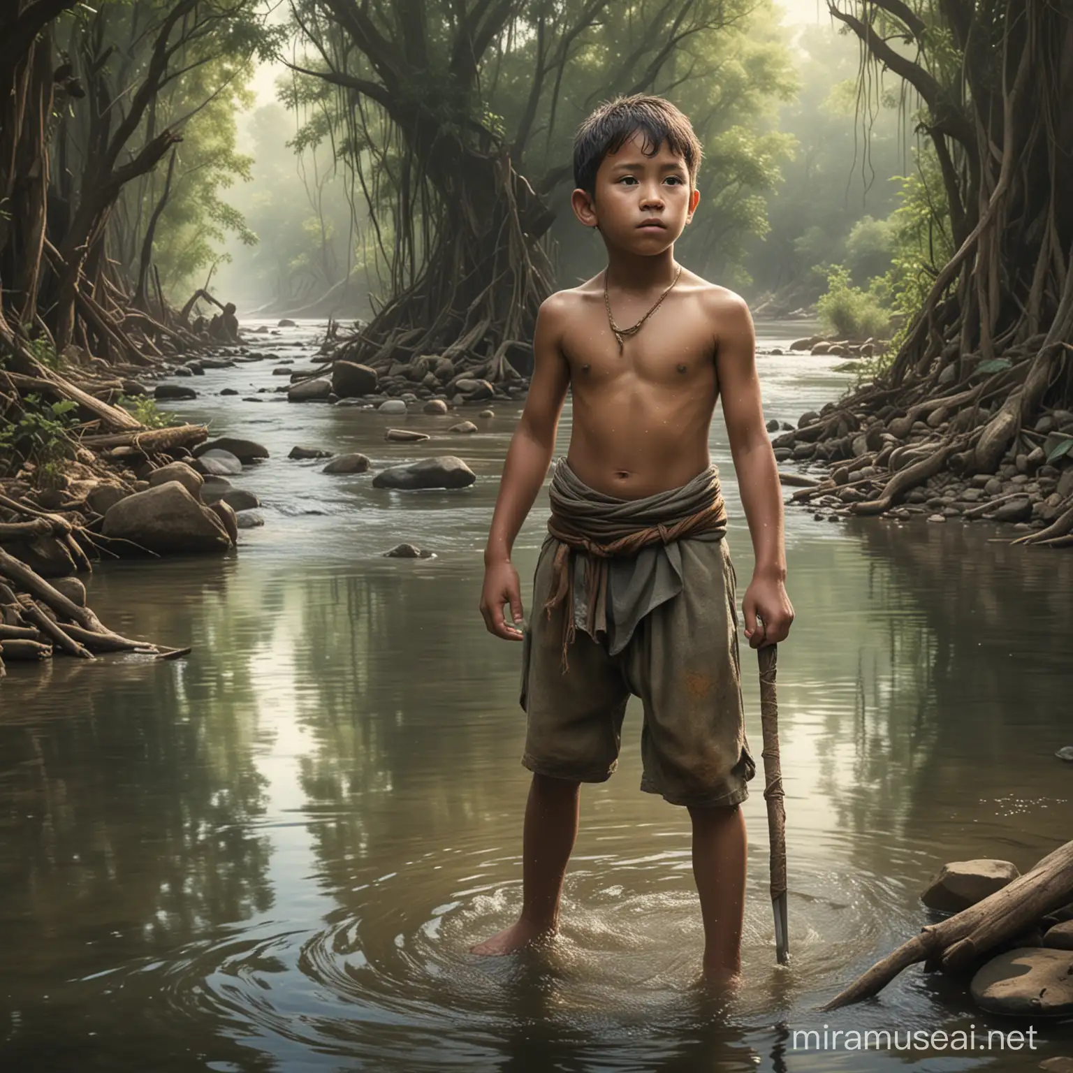 A visual narrative showing the boy's journey of self-discovery, from his infancy rescued by the river to his eventual realization of his true identity as an Evalo warrior, with each stage depicted in a series of interconnected scenes.