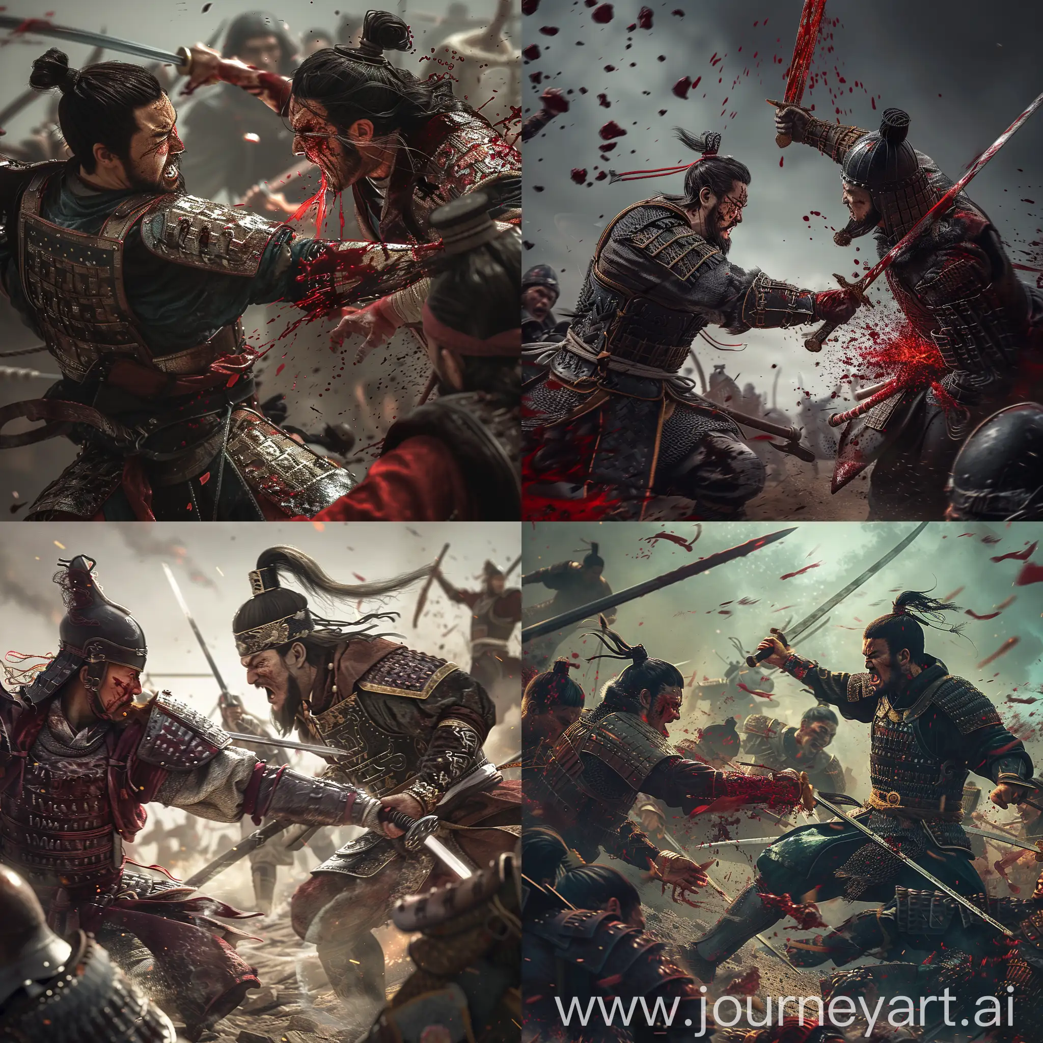 Hyper realistic, Generals from the Three Kingdoms fighting a bloody battle, super detailed, cinematic lighting, 32k photo realistic 