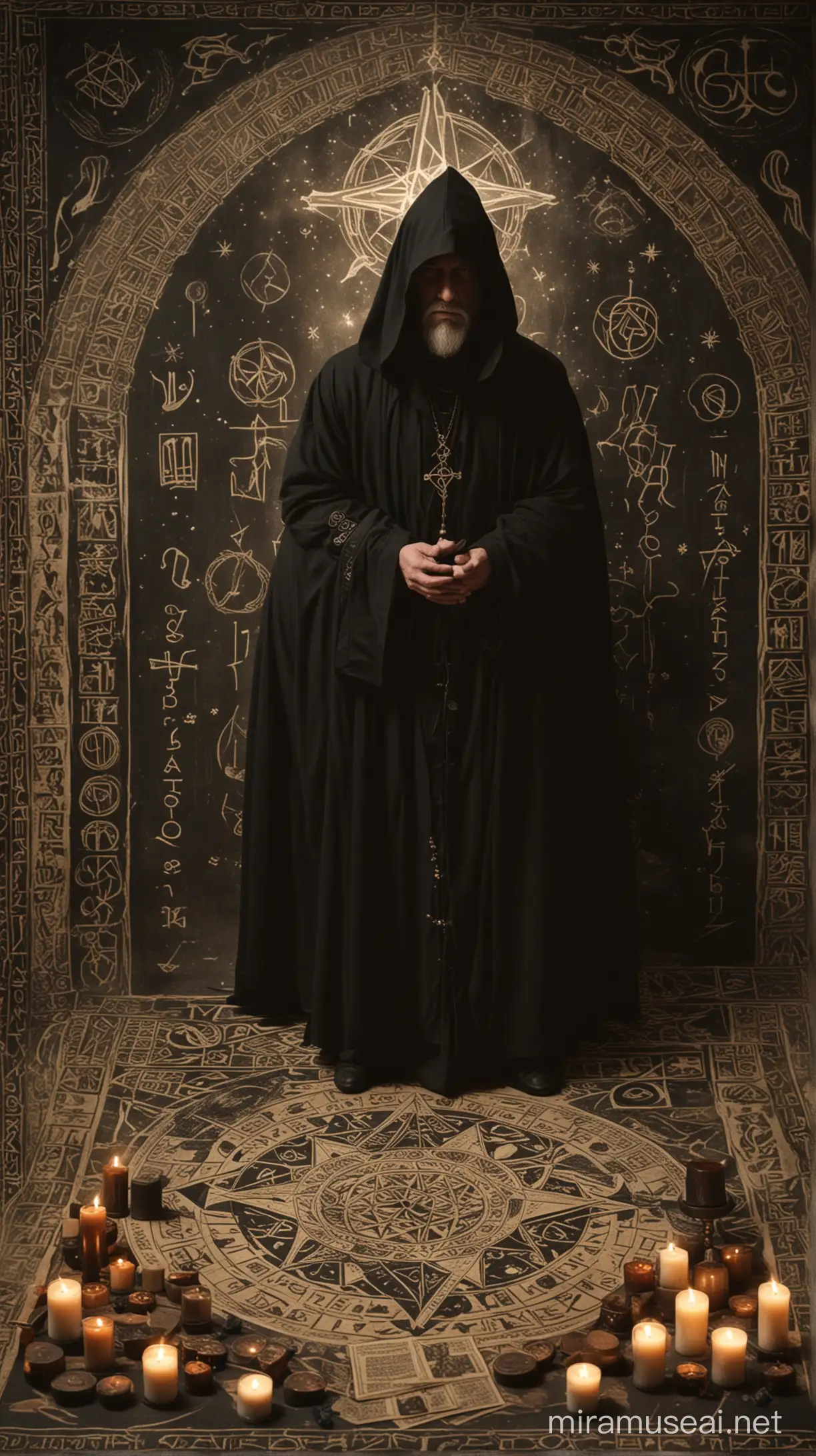 In the dimness of an occult chamber, where the veil between worlds is thin, rests the old sage, guardian of arcane secrets. Clad in a black cloak adorned with mystical symbols, his eyes pierce the soul, reflecting millennia of wisdom. Around him, a chaotic library of esoteric knowledge rises, with prominent titles like "The Book of the Law" and works by Aleister Crowley. Ancient artifacts adorn the corners, while runes and pentagrams are traced on the floor, invoking ancient powers.Upon the table, a game board is meticulously arranged, with tarot cards revealing the secrets of fate. Incense burns slowly, filling the air with ancestral aromas, while candle flames dance in a hypnotic ritual. The sage, immersed in contemplation, awaits silently, ready to share his knowledge with those who seek the hidden truth in the recesses of the universe.
In the darkness of a dimly lit chamber, where shadows linger and mysteries abound, the old sage sits. Cloaked in black, adorned with mystical symbols, his presence commands reverence. Around him, the room is filled with an aura of enigma, as ancient tomes and occult artifacts scatter in disarray. Illuminated only by the flickering light of candles, the sage's eyes gleam with profound insight, piercing through the darkness to reveal the hidden truths of the universe.
In the dim glow cast by flickering candlelight, the old sage sits in a room enveloped in shadows. Cloaked in black robes adorned with mystical symbols, he emanates an aura of ancient wisdom. Around him, the darkness is punctuated by the soft glow of candles, illuminating the chaotic arrangement of ancient tomes and occult artifacts. With eyes that seem to hold the secrets of the cosmos, the sage sits in silent contemplation, offering glimpses into the mysteries of the universe to those who dare to seek his guidance.

